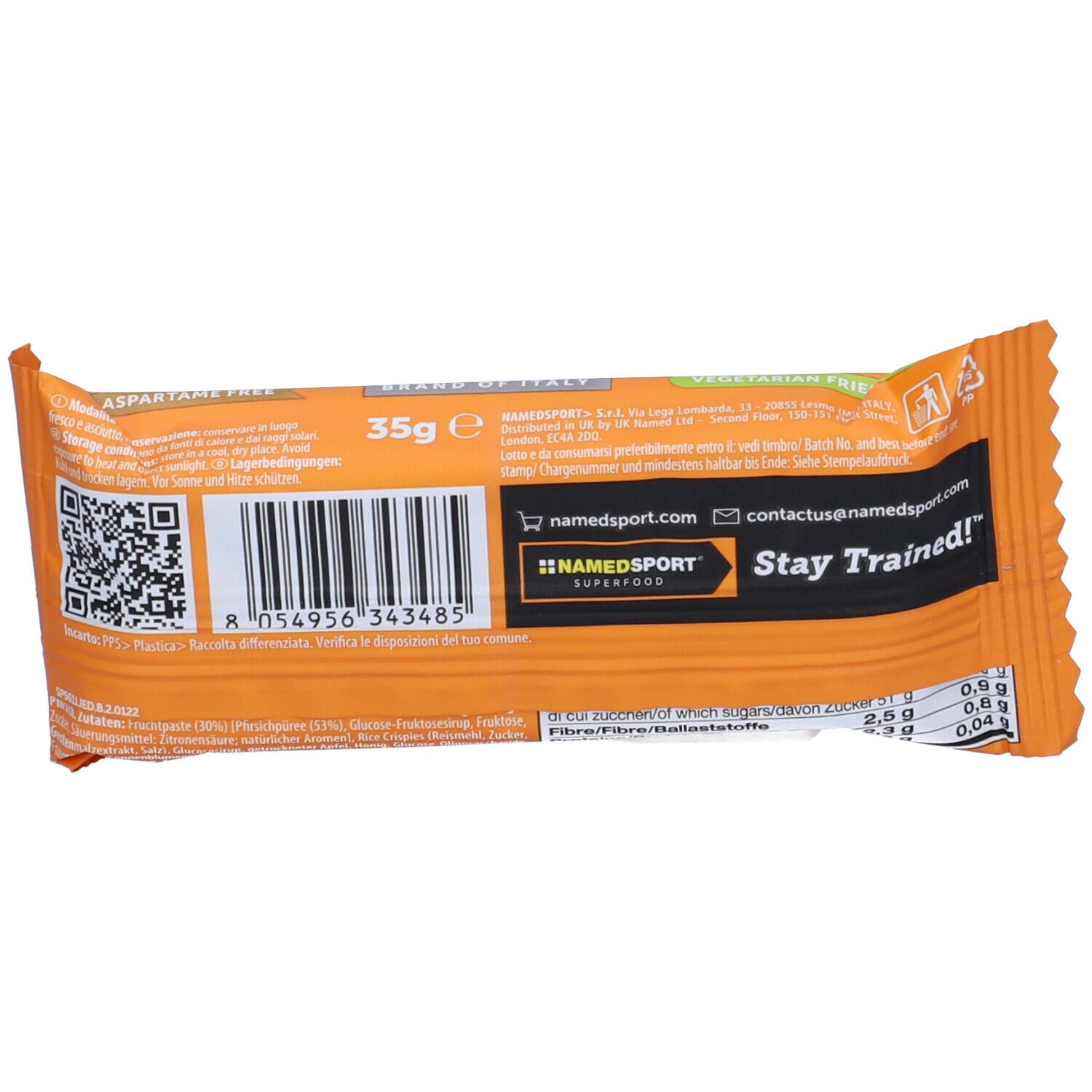 Dos de la barre énergétique. Emballage orange avec informations produit, code QR et informations nutritionnelles.