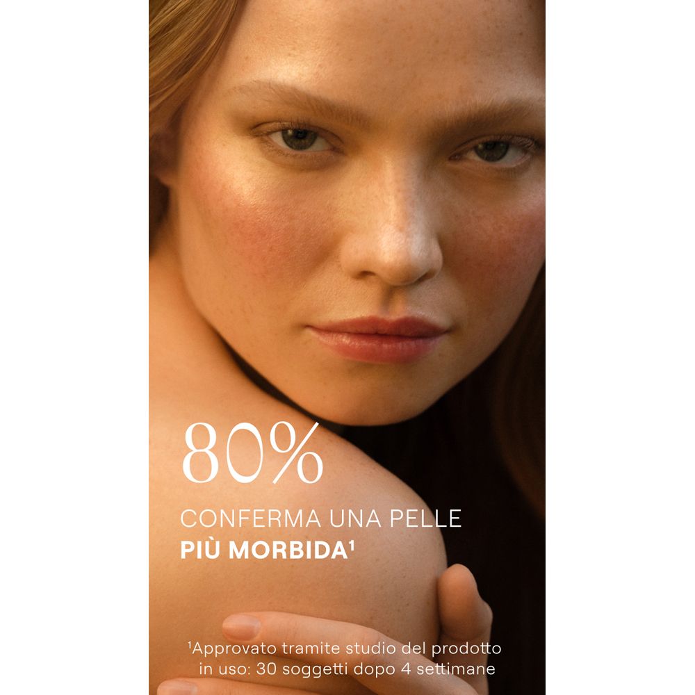 Gesicht einer Frau. Text: 80% bestätigen eine weichere Haut. Studie nach 4 Wochen.