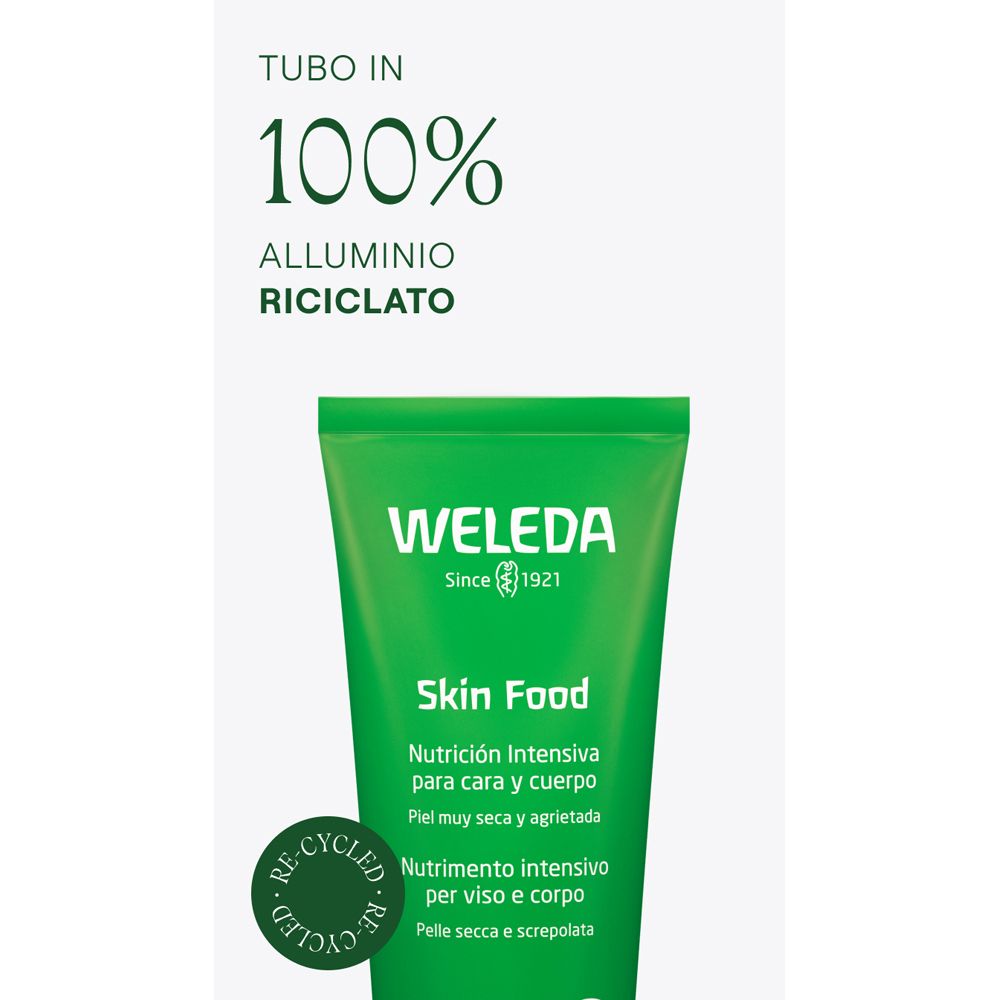Grüne Tube mit Text: 100% recyceltes Aluminium. Aufschrift: WELEDA Skin Food. Mehrsprachige Texte.