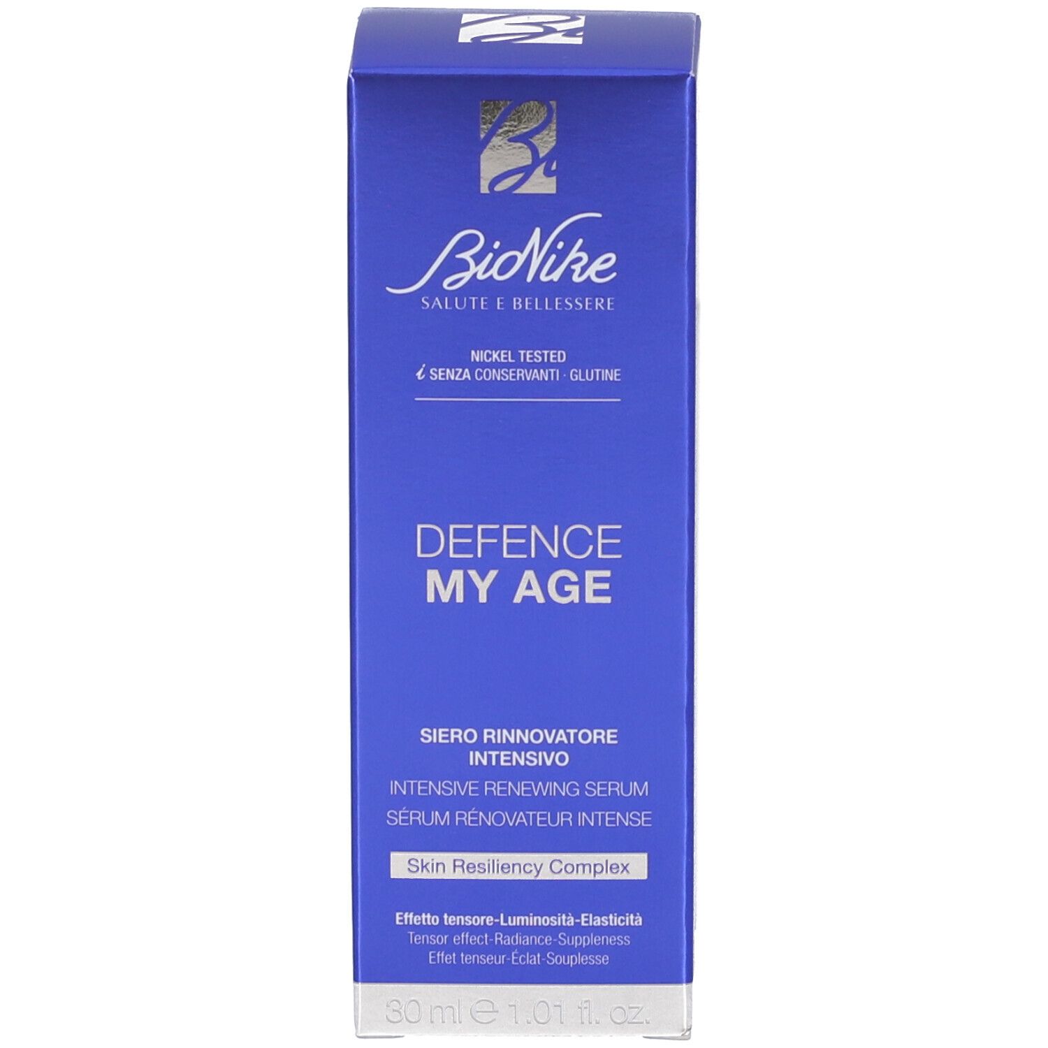 Boîte bleue avec inscription: BioNike DEFENCE MY AGE. 30 ml.