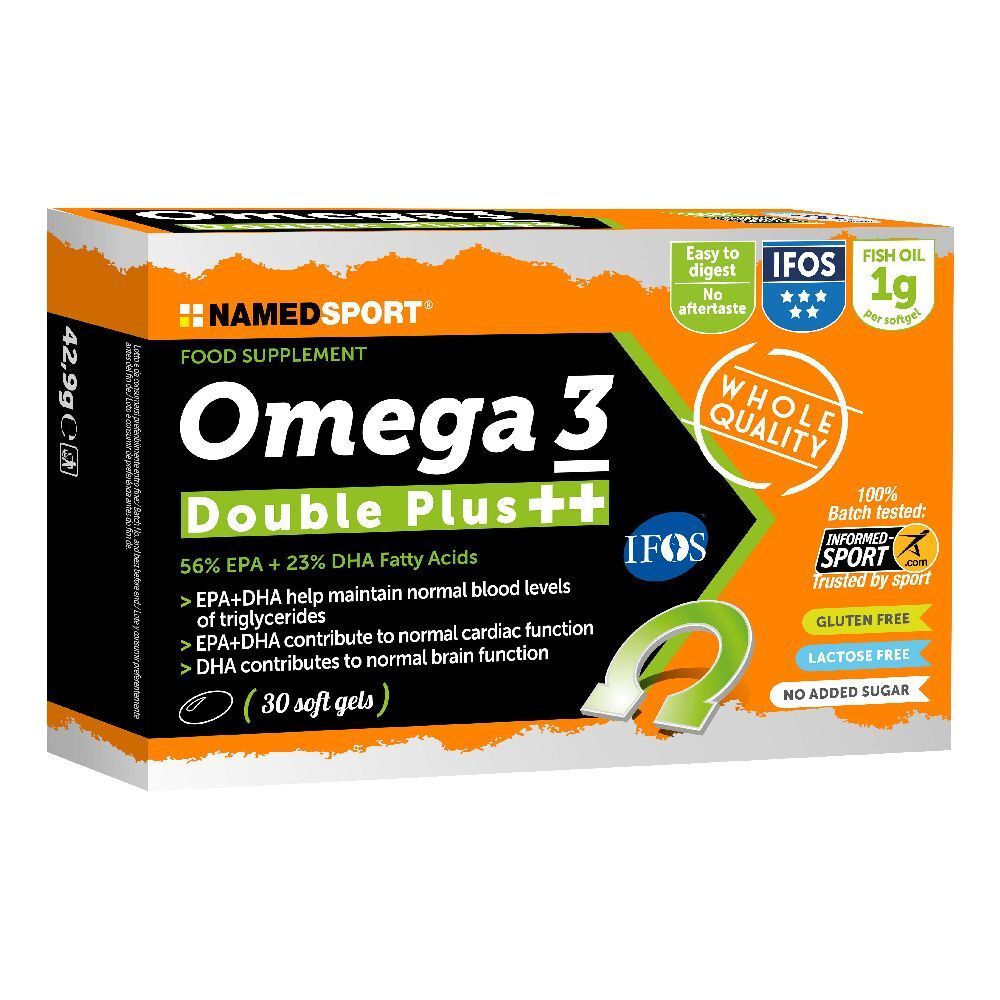 Verpackung NAMEDSPORT Omega 3 Double Plus++. Enthält 30 Softgels. Mit IFOS-Zertifizierung. Glutenfrei, laktosefrei, ohne Zuckerzusatz.