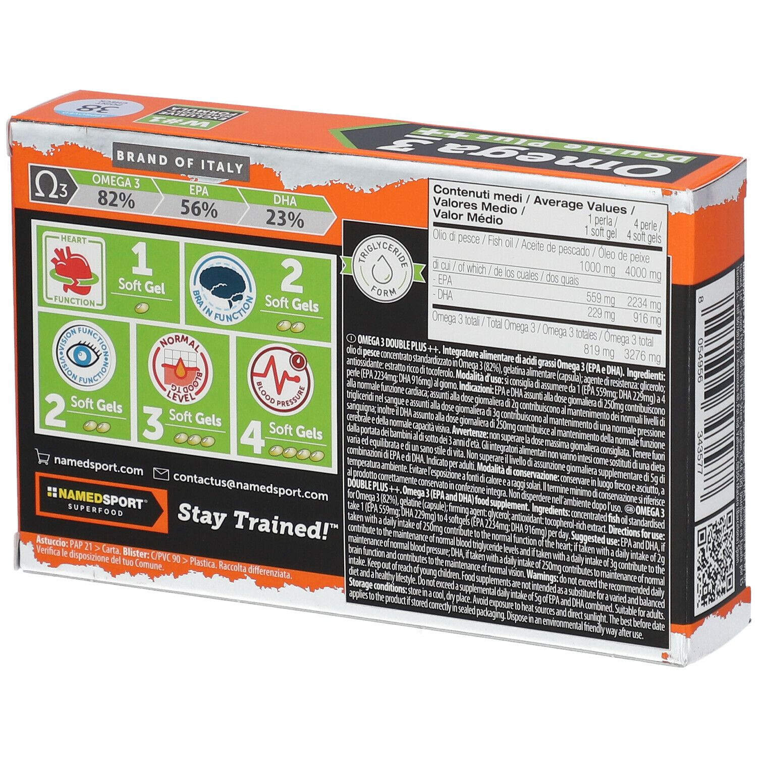 Rückseite der Verpackung NAMEDSPORT Omega 3 Double Plus++. Enthält Informationen zu Inhaltsstoffen und Nährwerten. Mit IFOS-Zertifizierung.