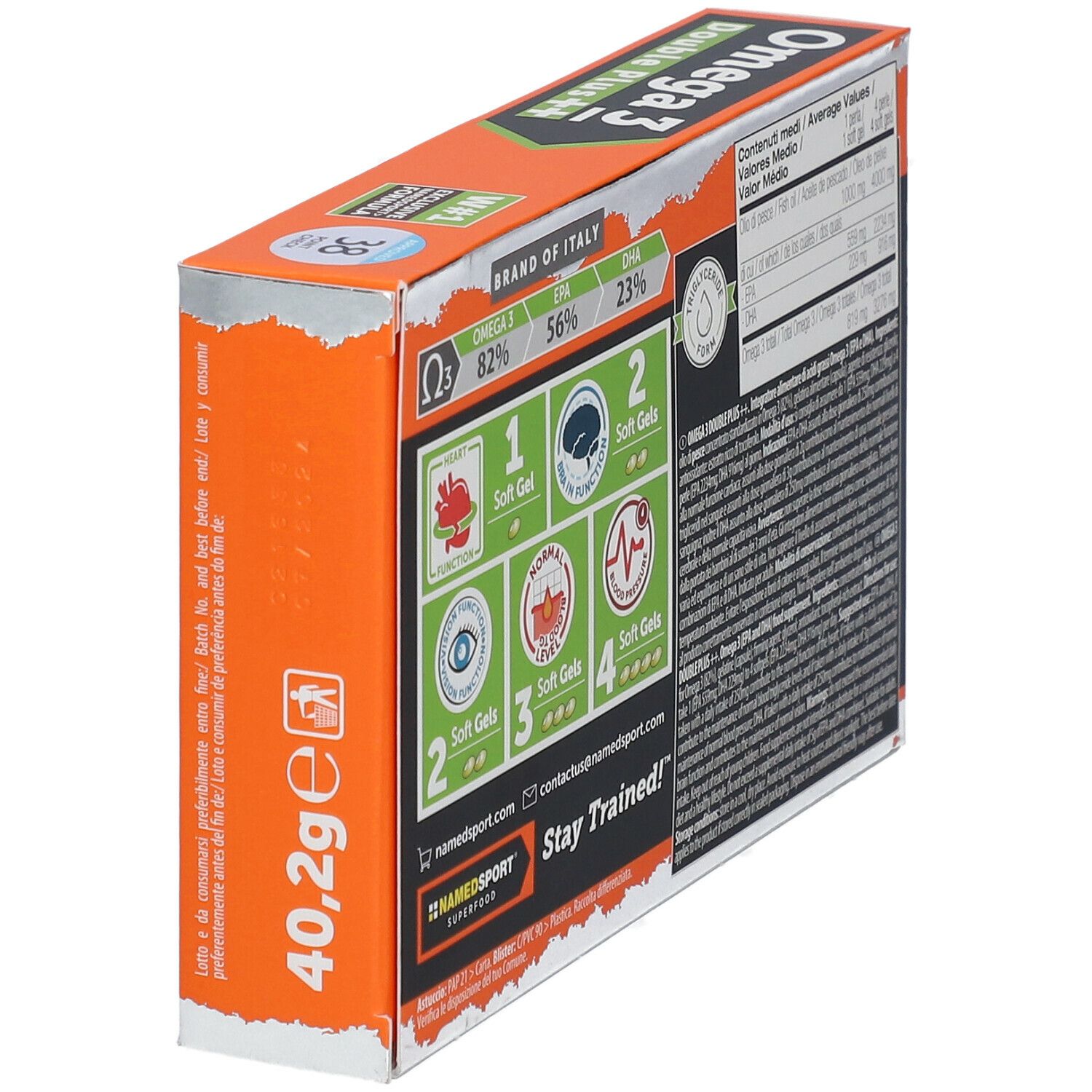 Rückseite der Verpackung NAMEDSPORT Omega 3 Double Plus++. Enthält Informationen zu Inhaltsstoffen und Nährwerten. Mit IFOS-Zertifizierung.