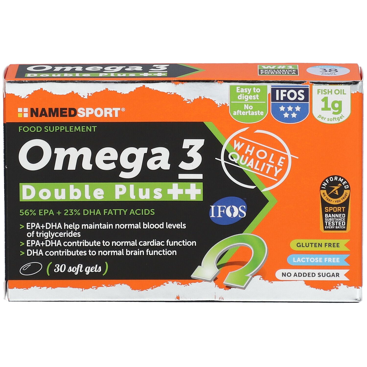 Verpackung NAMEDSPORT Omega 3 Double Plus++. Enthält 30 Softgels. Mit IFOS-Zertifizierung. Glutenfrei, laktosefrei, ohne Zuckerzusatz.