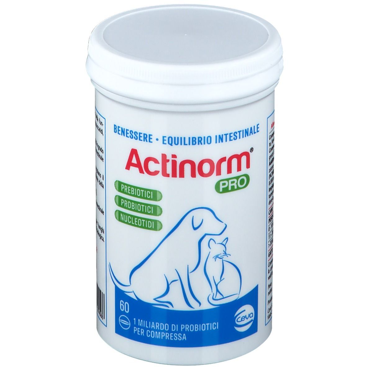 Weiße Dose mit Deckel. Aufschrift Actinorm Pro, Logo Hund und Katze. 60 Tabletten. Text in italienischer Sprache.