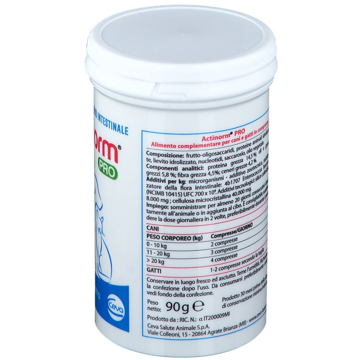 Weiße Dose mit Deckel. Aufschrift Actinorm Pro, Logo Hund und Katze. 60 Tabletten. Text in italienischer Sprache.
