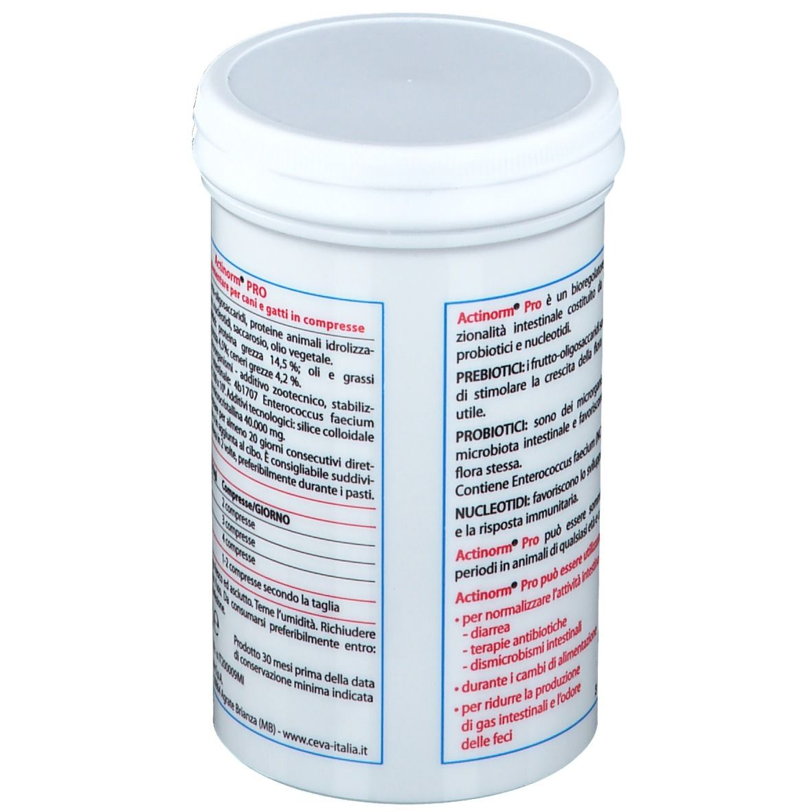 Weiße Dose mit Deckel. Aufschrift Actinorm Pro, Logo Hund und Katze. 60 Tabletten. Text in italienischer Sprache.