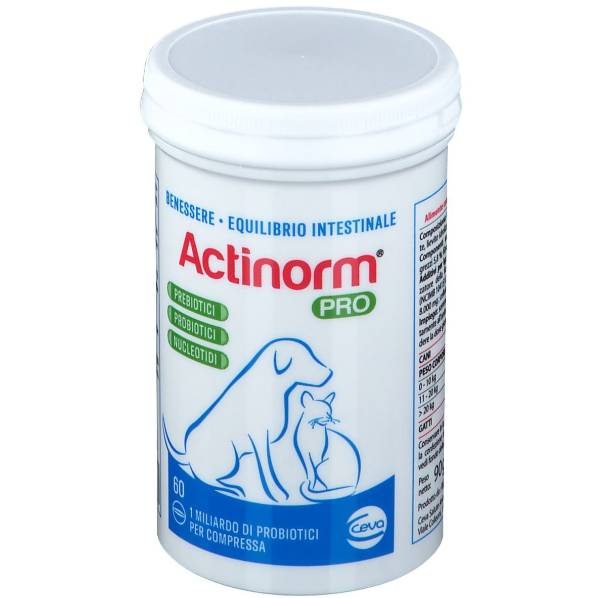 Weiße Dose mit Deckel. Aufschrift Actinorm Pro, Logo Hund und Katze. 60 Tabletten. Text in italienischer Sprache.