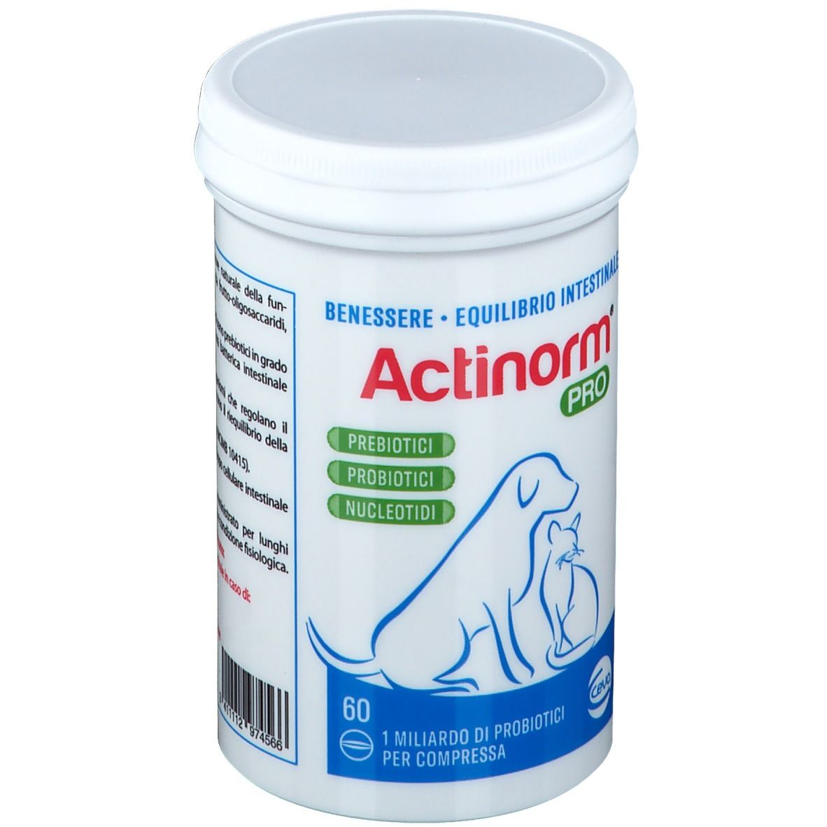 Weiße Dose mit Deckel. Aufschrift Actinorm Pro, Logo Hund und Katze. 60 Tabletten. Text in italienischer Sprache.