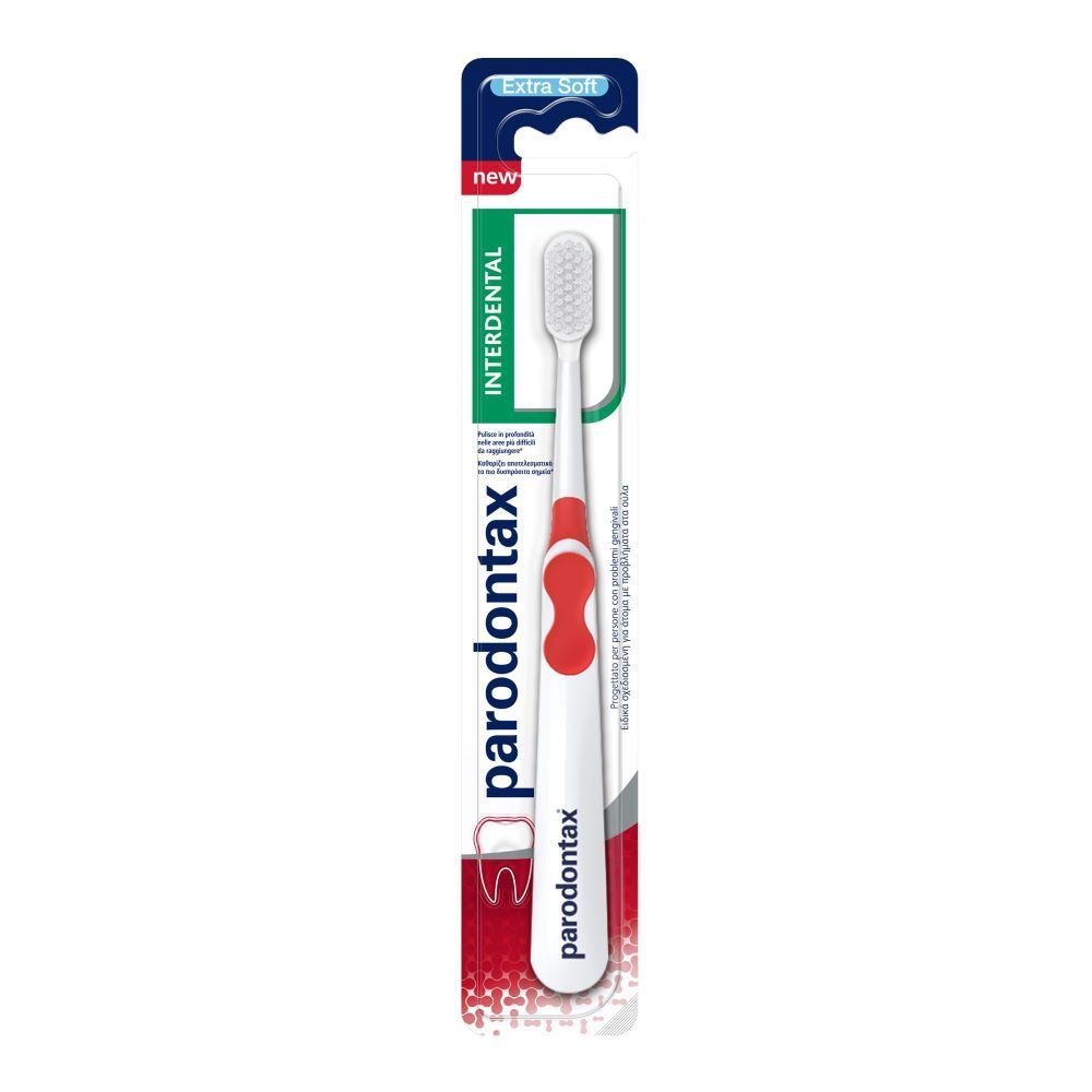 Brosse à dents blanche et rouge. Emballage avec nom du produit et 'Interdental'.