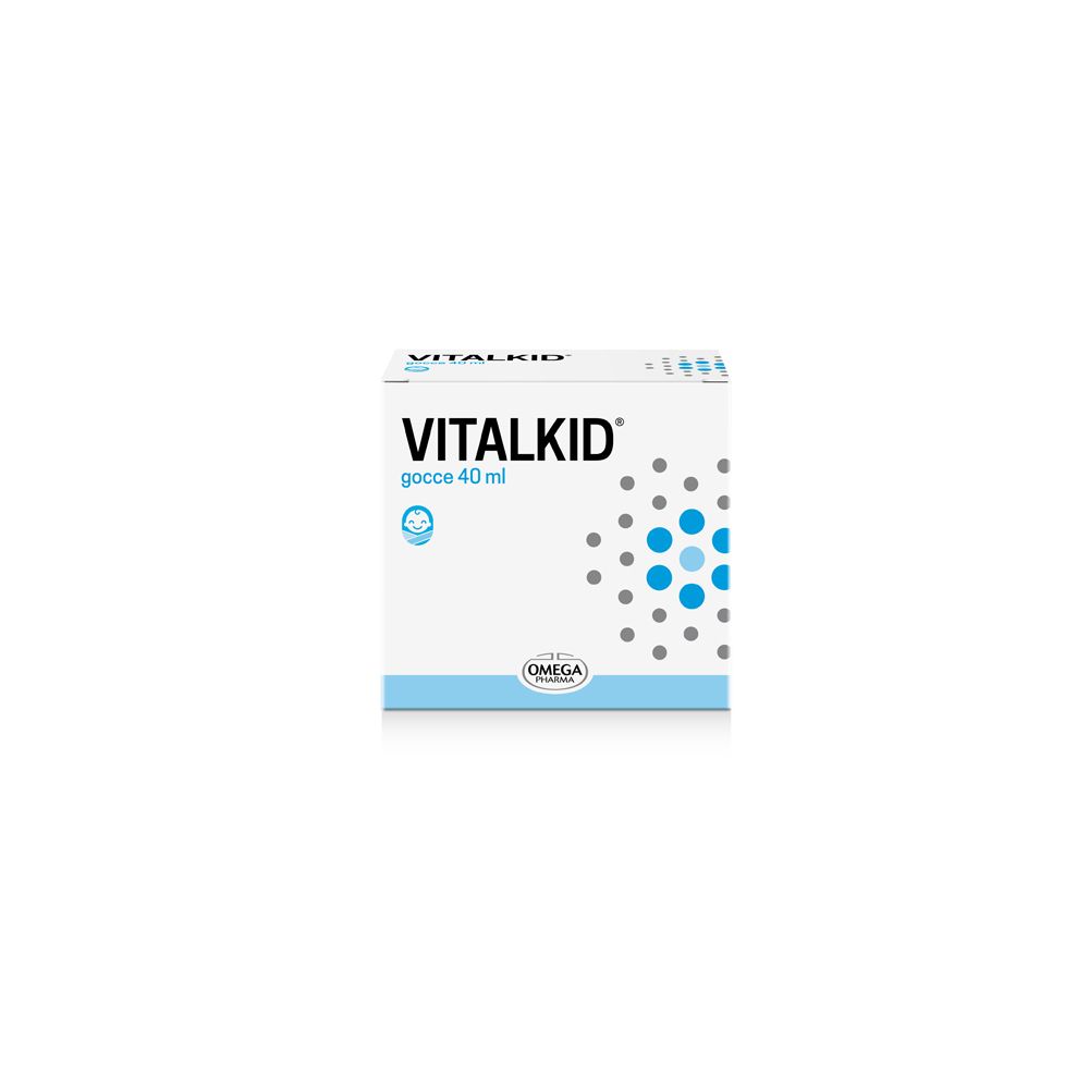 Verpackung von Vitalkid Gocce 40 ml. Weißer Karton mit blauem Design und Produktnamen. Omega Pharma Logo.