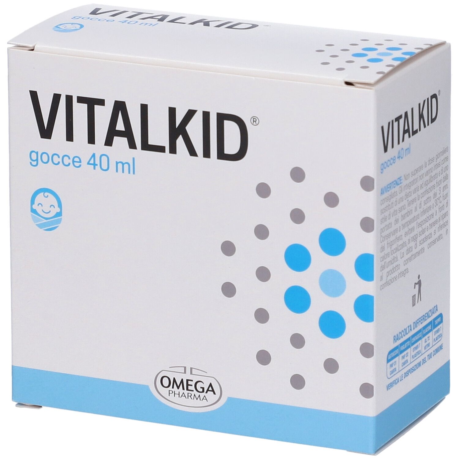 Vitalkid Gocce 40 ml. Weiße Schachtel mit blauem Akzent. Logo und Produktname deutlich sichtbar.