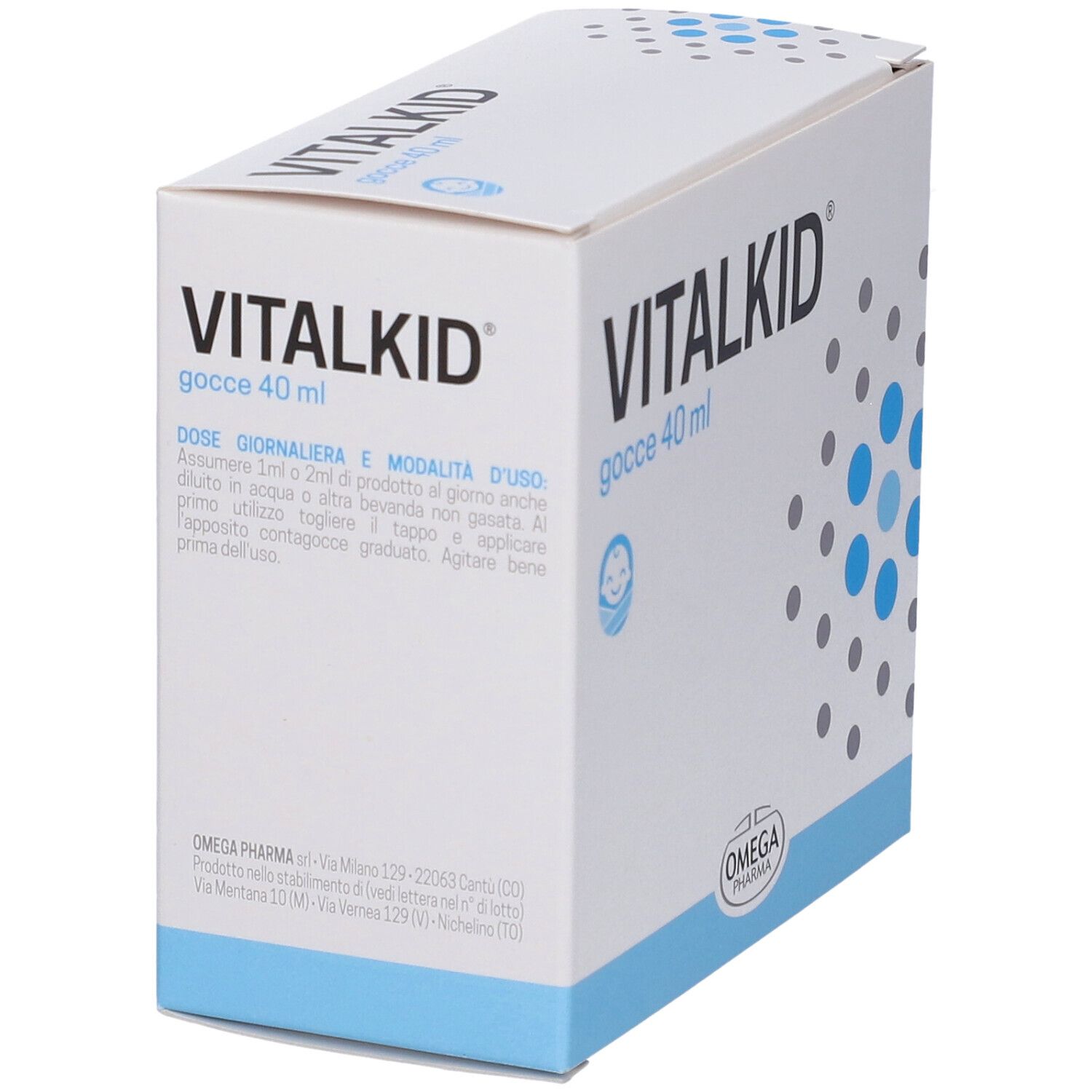 Vitalkid Gocce 40 ml. Weiße Schachtel, schräg gestellt. Produktname und Logo sichtbar.