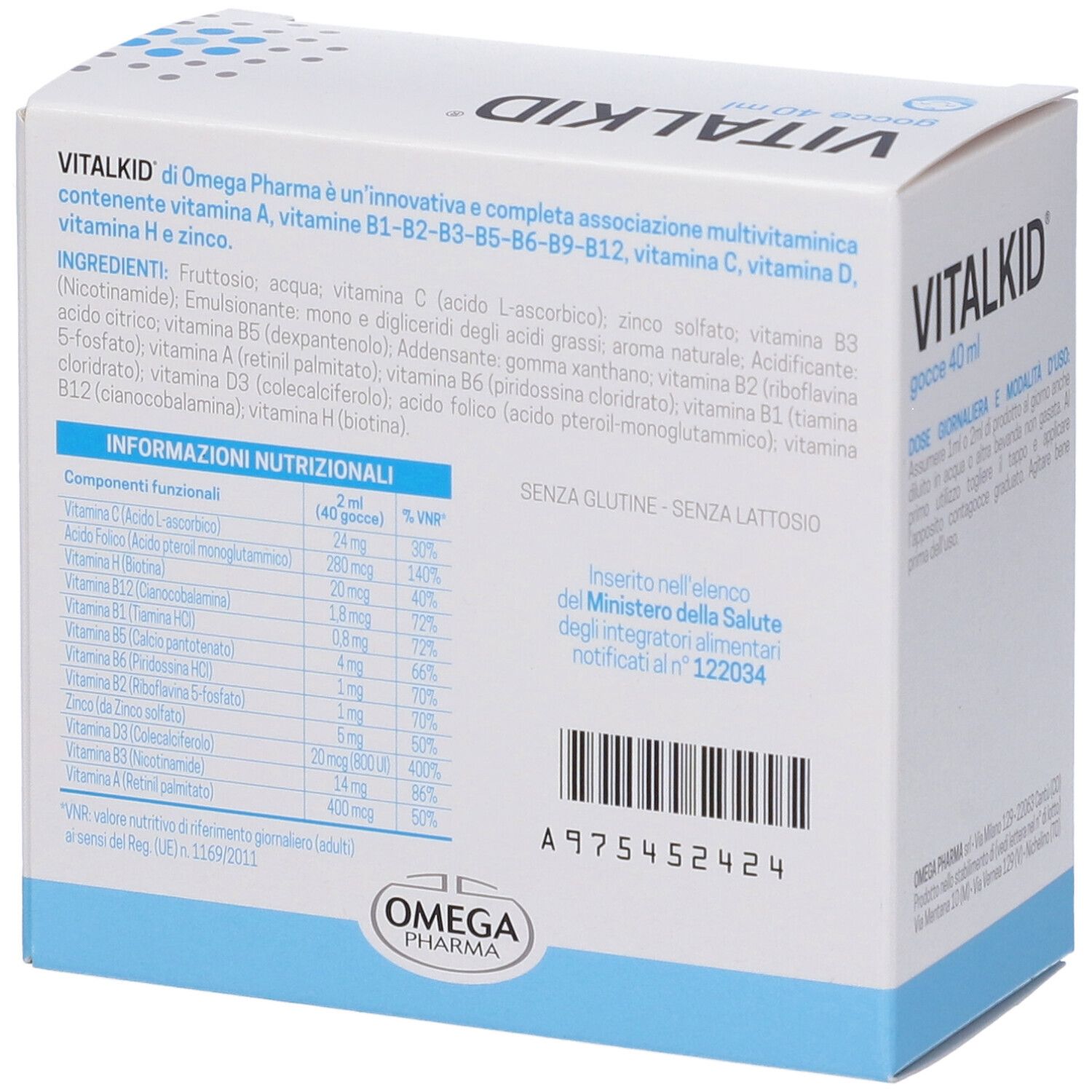 Vitalkid Gocce 40 ml. Rückseite der Schachtel. Inhaltsstoffe und Nährwertangaben.