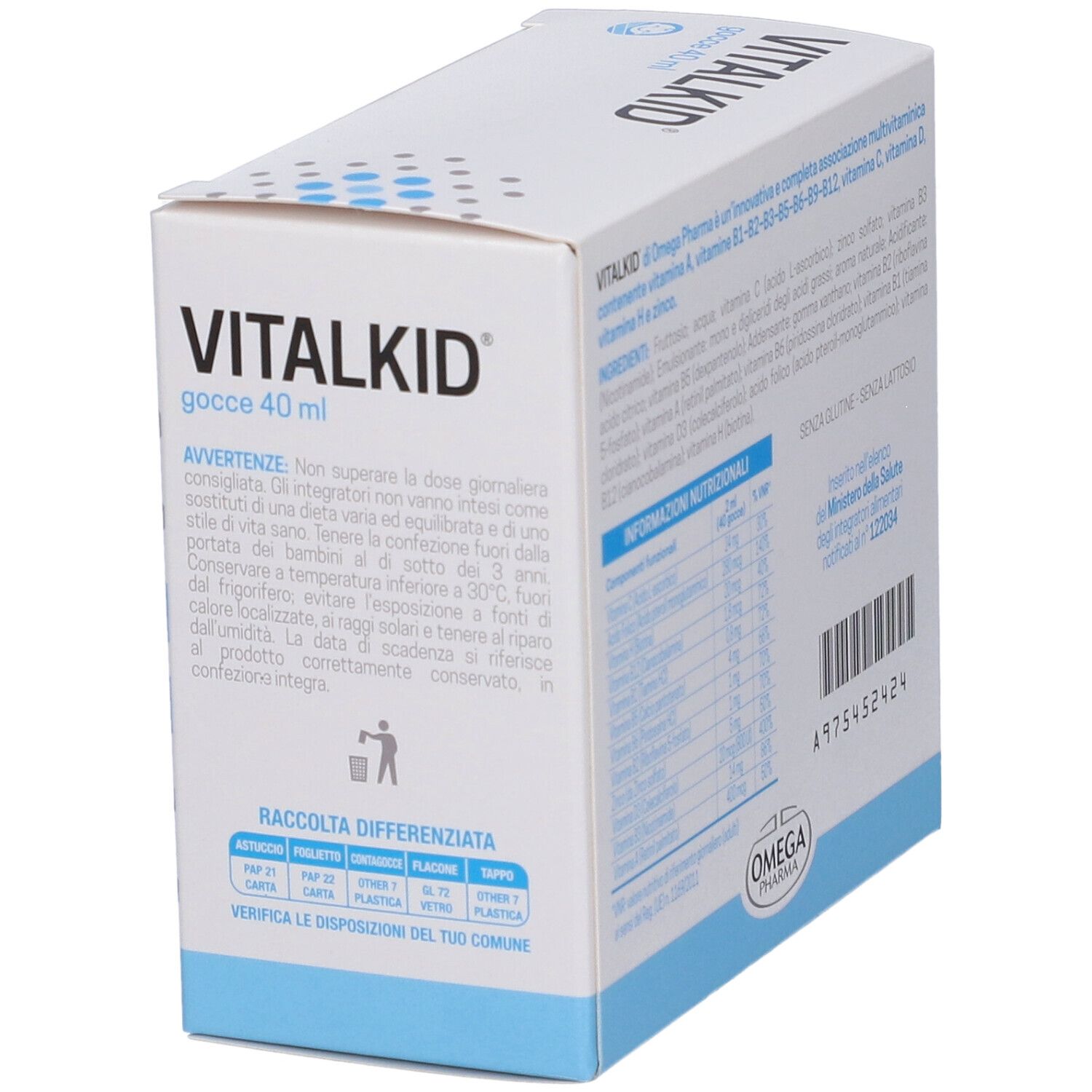 Vitalkid Gocce 40 ml. Schachtel mit Warnhinweisen und Entsorgungshinweisen.