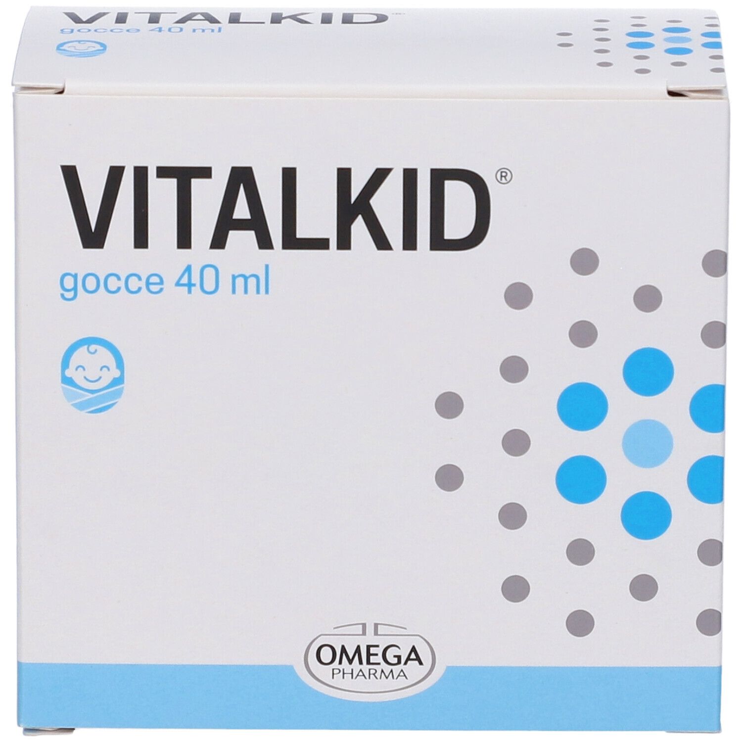 Vitalkid Gocce 40 ml. Weiße Schachtel mit blauem Design. Produktname und Logo.