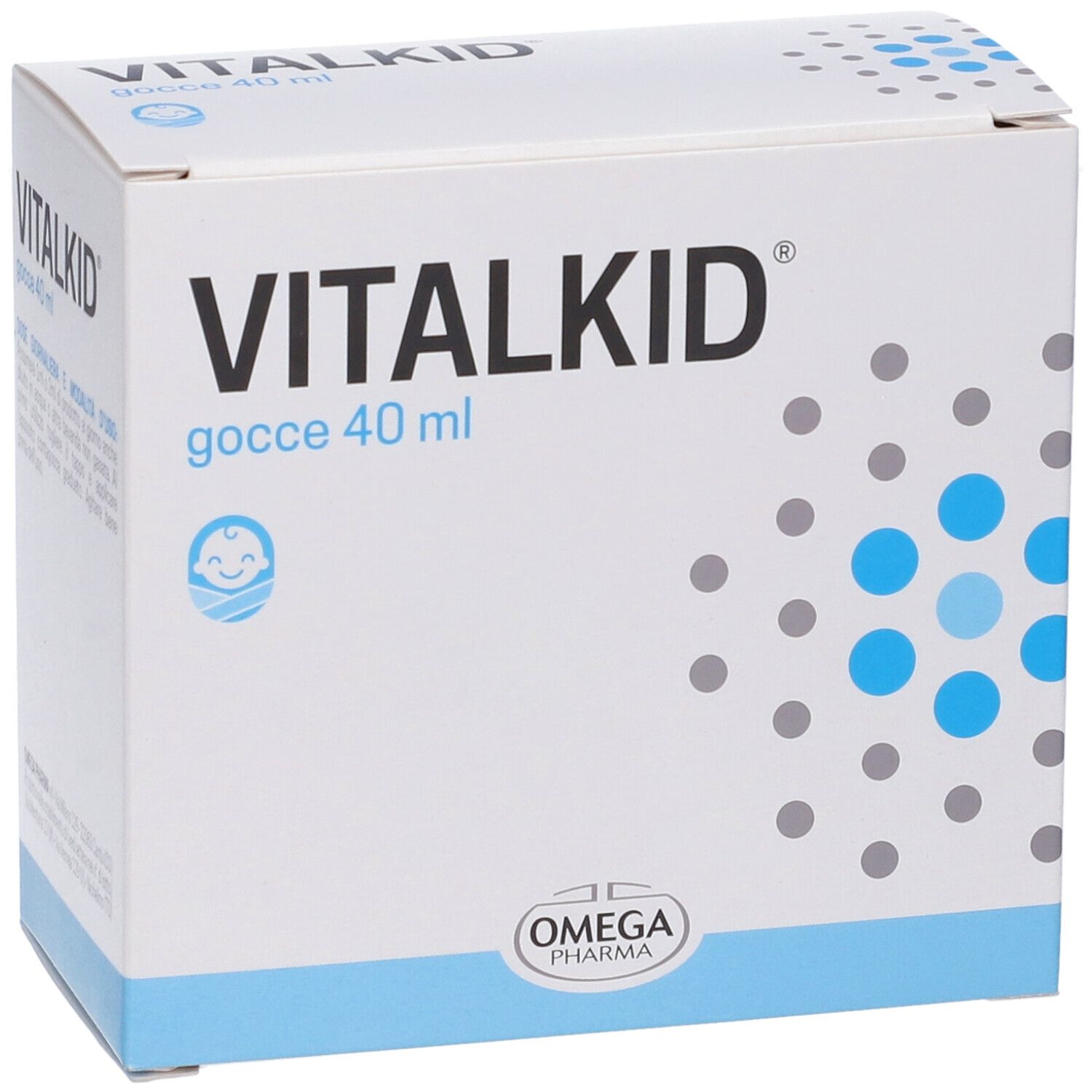 Vitalkid Gocce 40 ml. Weiße Schachtel mit blauem Design. Produktname und Logo.