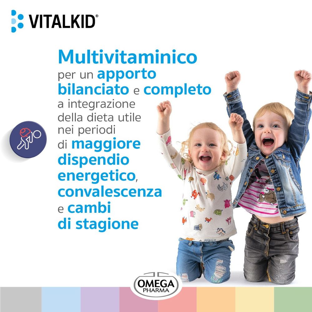 Werbung für Vitalkid. Zwei Kinder jubeln. Text über ausgewogene Ernährung. Omega Pharma-Logo.