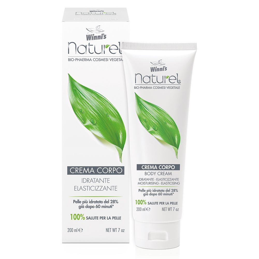 Tube et boîte de crème. Winni's Naturel® crème pour le corps. Motif feuille verte. Texte : Crema Corpo, Idratante Elasticizzante.