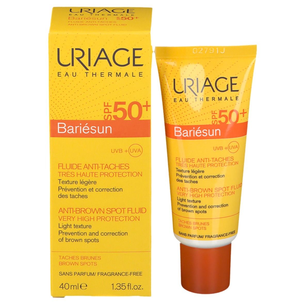 Gelbe Schachtel und Tube. URIAGE, SPF 50+ und Bariésun. Anti-Flecken-Fluid. 40ml. Text in mehreren Sprachen.