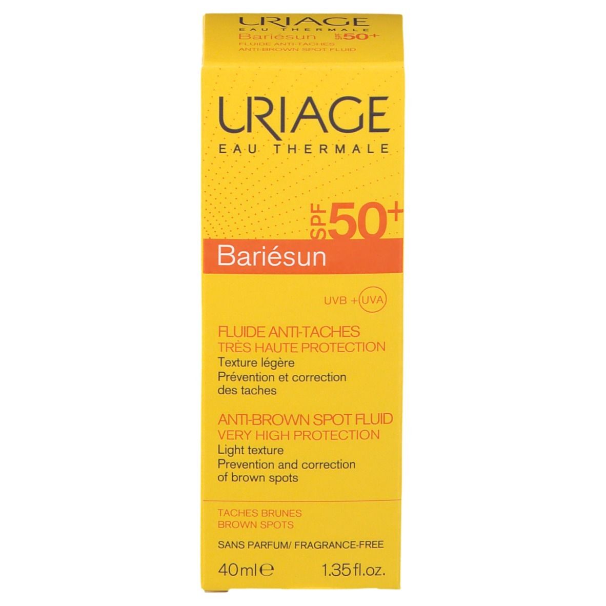 Gelbe Schachtel mit URIAGE, SPF 50+ und Bariésun. Anti-Flecken-Fluid. 40ml. Text in mehreren Sprachen.