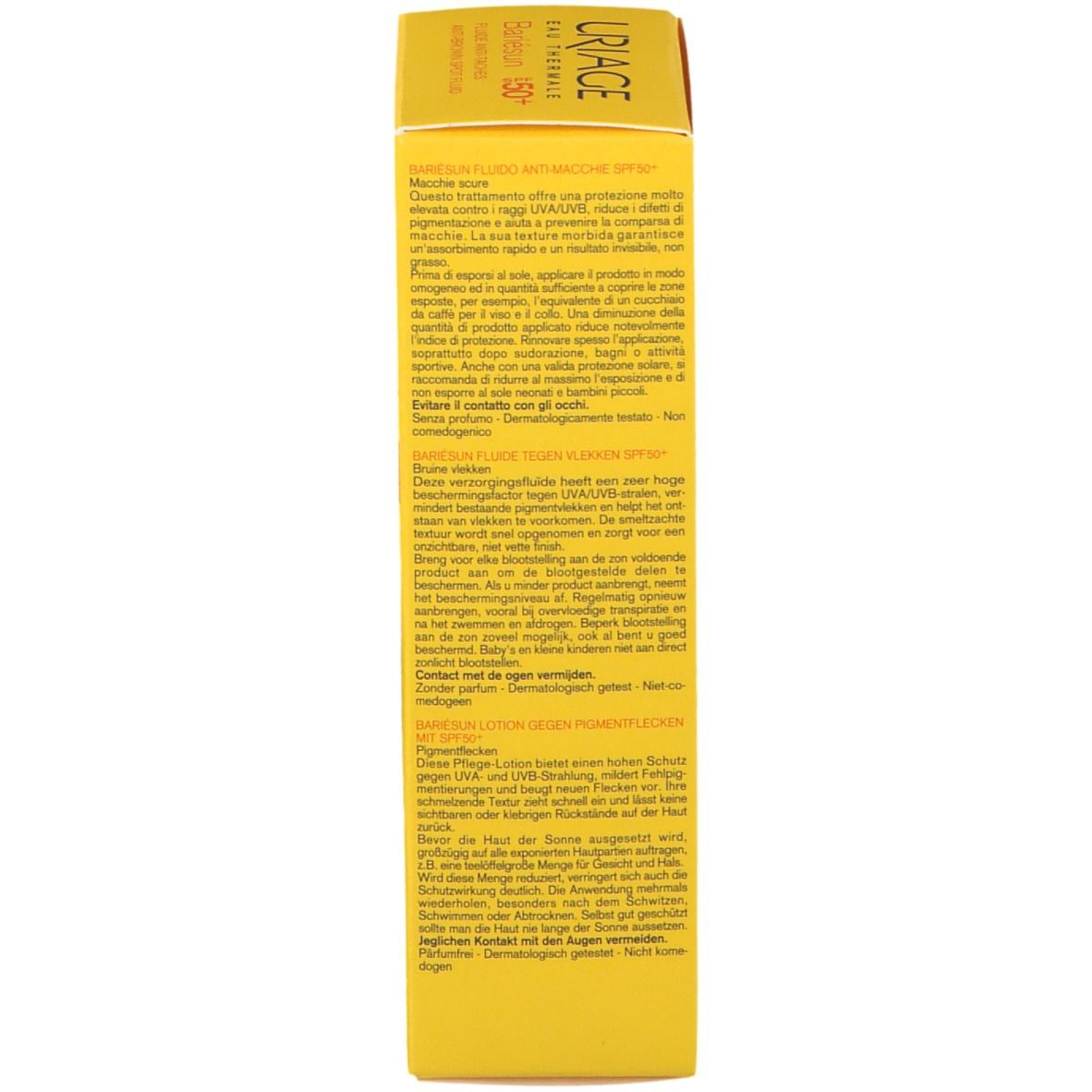 Gelbe Schachtel. Text in mehreren Sprachen. Informationen zum Produkt und Inhaltsstoffe.