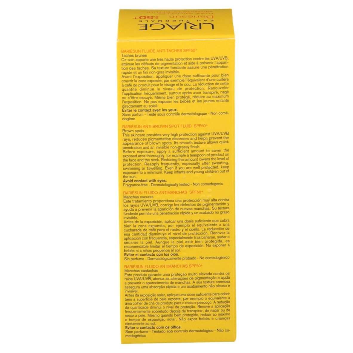 Gelbe Schachtel. Text in mehreren Sprachen. Informationen zum Produkt und Anwendung.