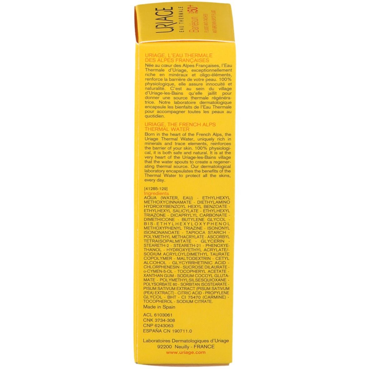 Gelbe Schachtel. Text in mehreren Sprachen. Informationen über die Marke und Inhaltsstoffe.