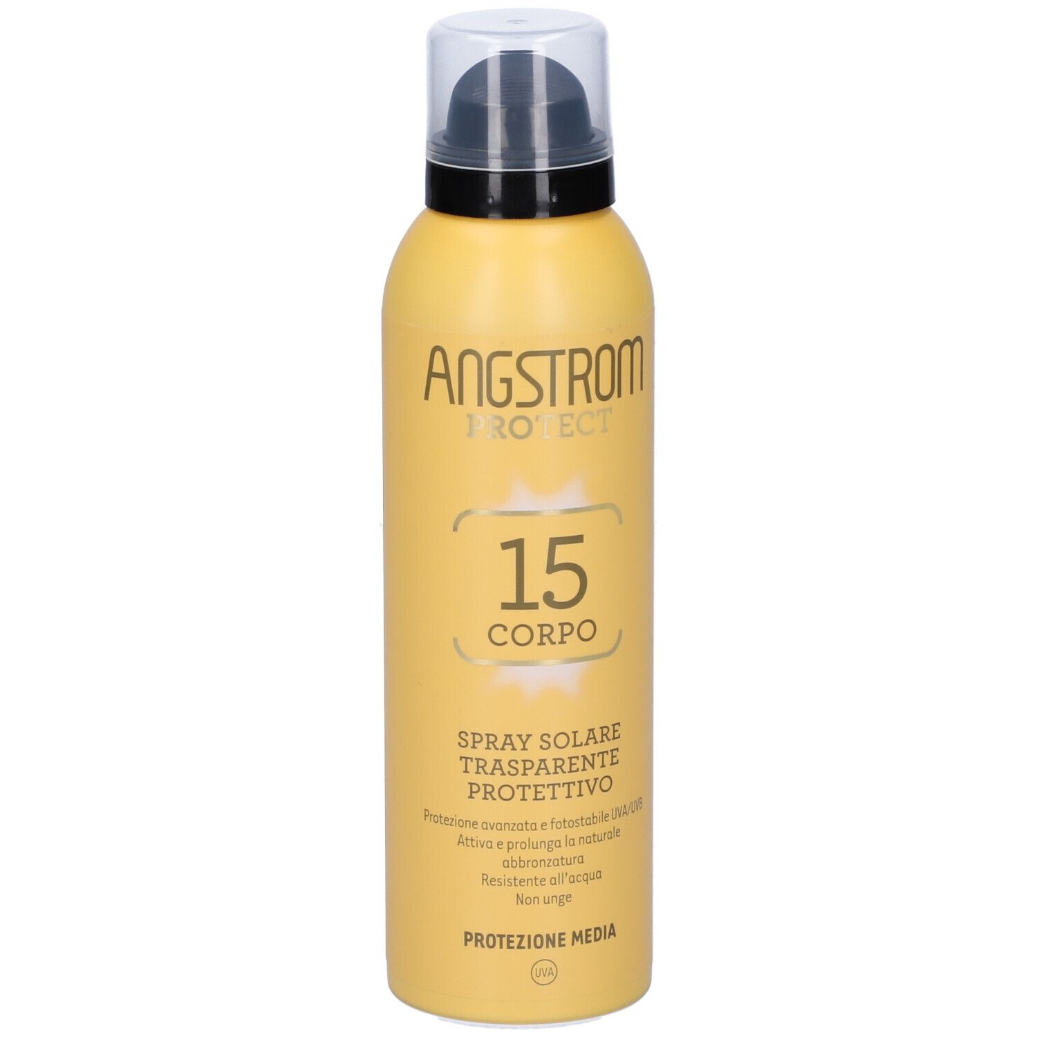 Flacon spray jaune avec tête noire. Inscription : ANGSTROM PROTECT, 15 CORPO, Spray Solare Trasparente Protettivo.