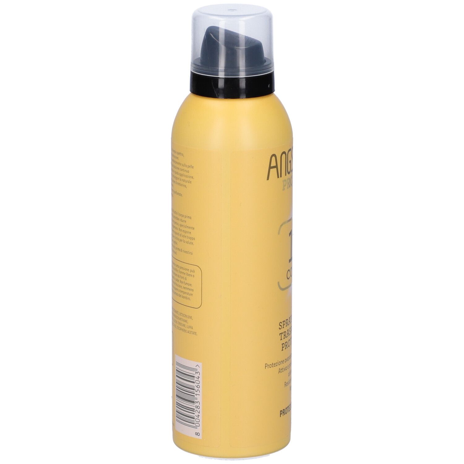 Flacon spray jaune avec tête noire. Dos avec texte et code-barres. Nom du produit non visible.