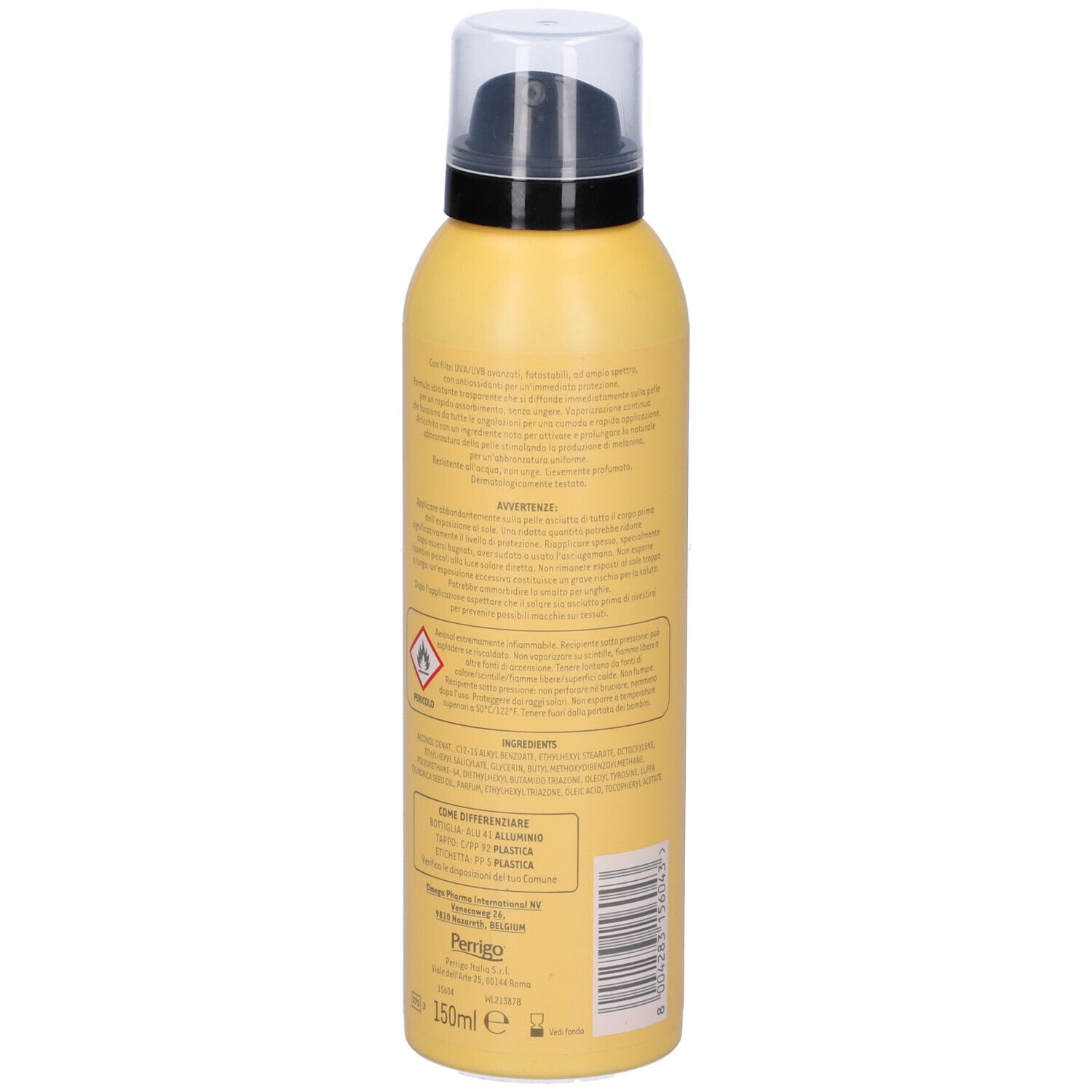 Flacon spray jaune avec tête noire. Dos avec texte, avertissements et code-barres. Nom du produit non visible.