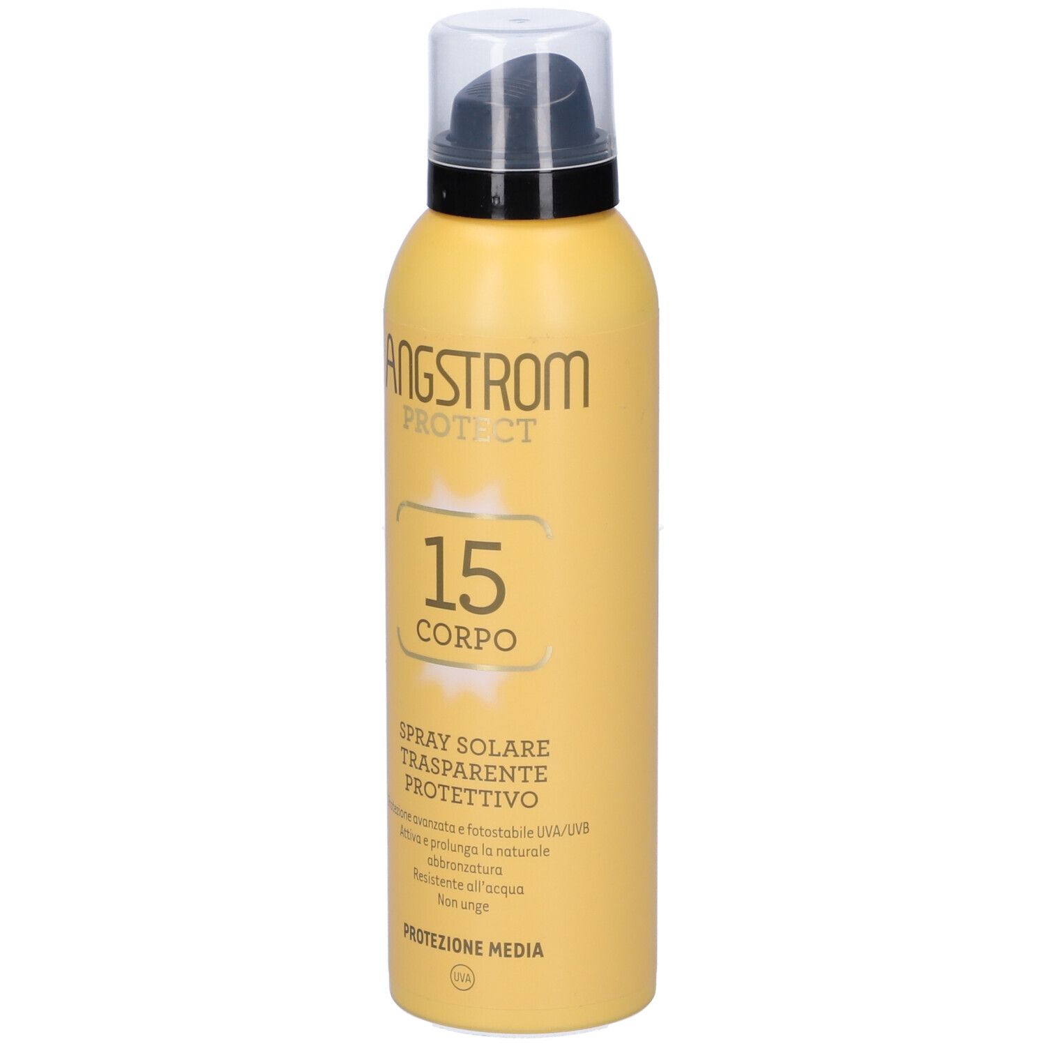 Flacon spray jaune avec tête noire. Inscription : ANGSTROM PROTECT, 15 CORPO, Spray Solare Trasparente Protettivo.