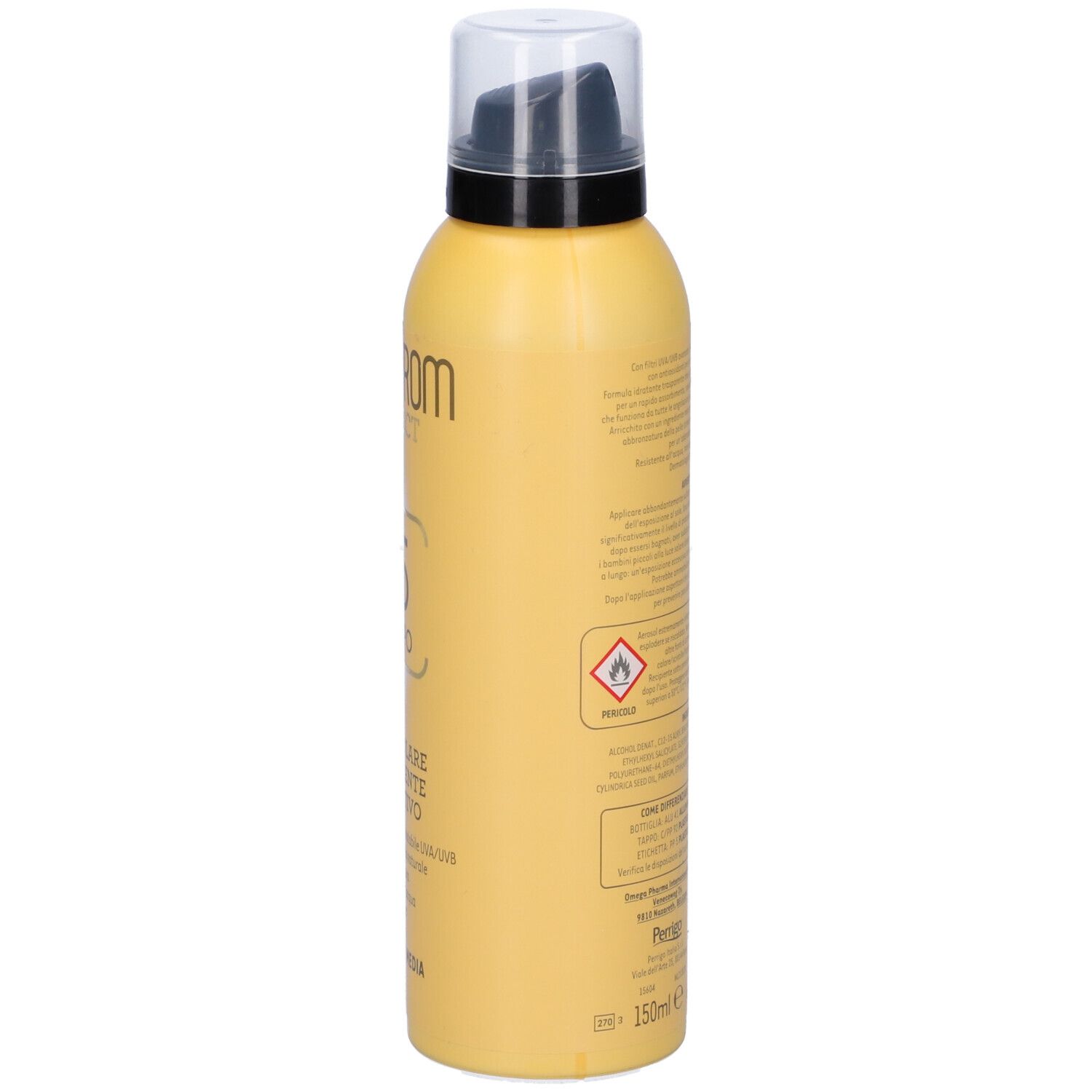 Flacon spray jaune avec tête noire. Dos avec texte et avertissements. Nom du produit non visible.