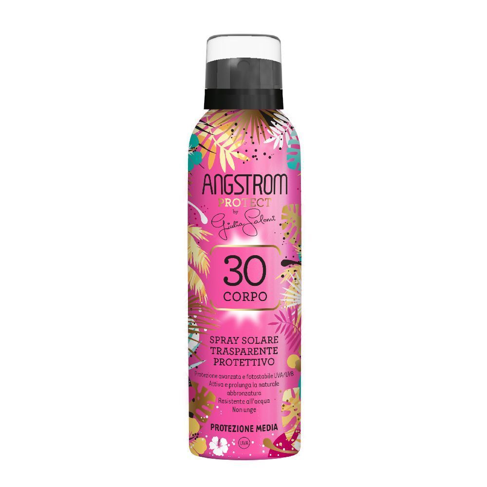 Rosa Spraydose mit weißem Deckel. Aufschrift ANGSTROM Protect, 30, CORPO, Spray Solare Trasparente Protettivo. Mittlerer Sonnenschutz.
