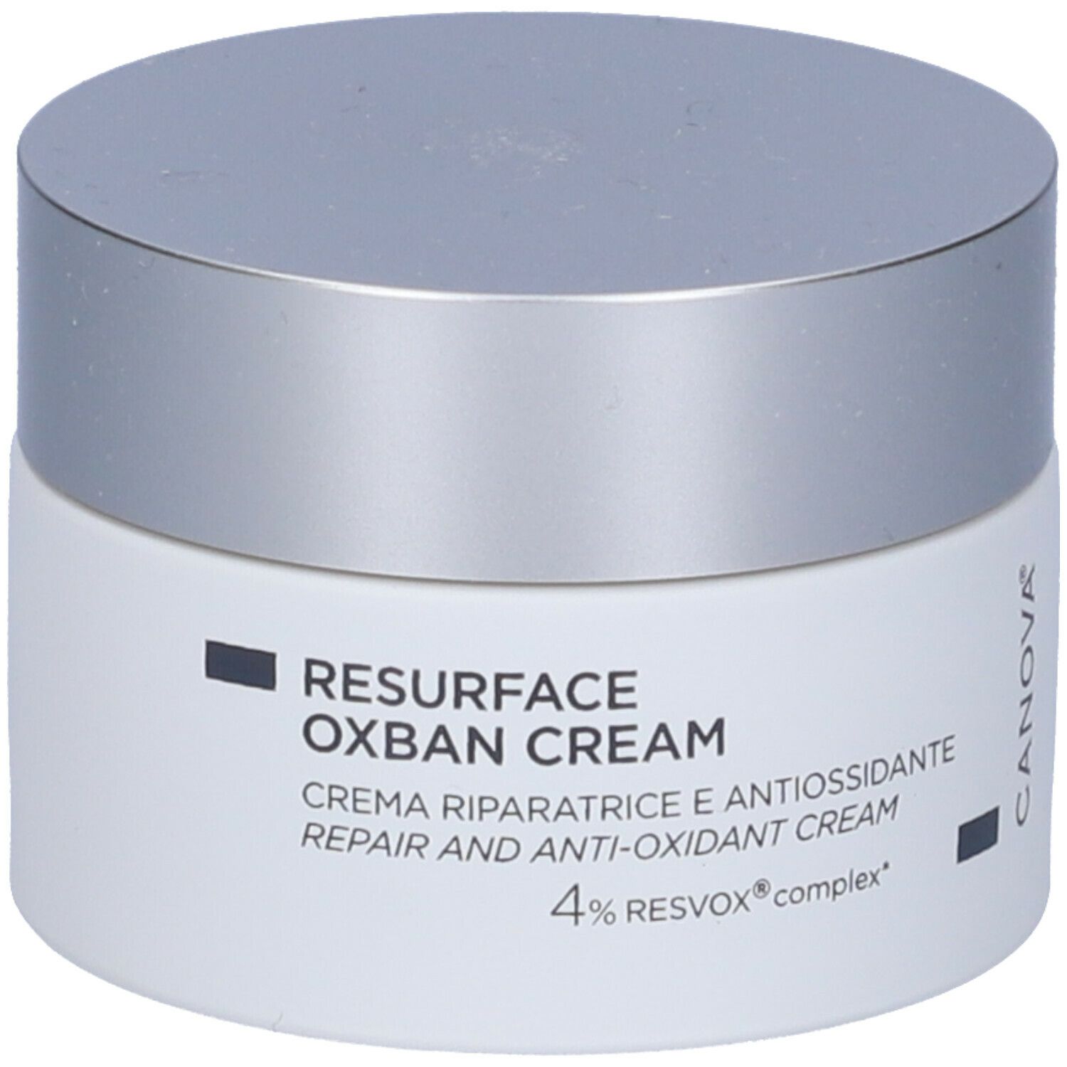 Creme-Tiegel mit silbernem Deckel. Aufschrift: RESURFACE OXBAN CREAM, Creme riparatrice e antiossidante, 4% RESVOX complex.