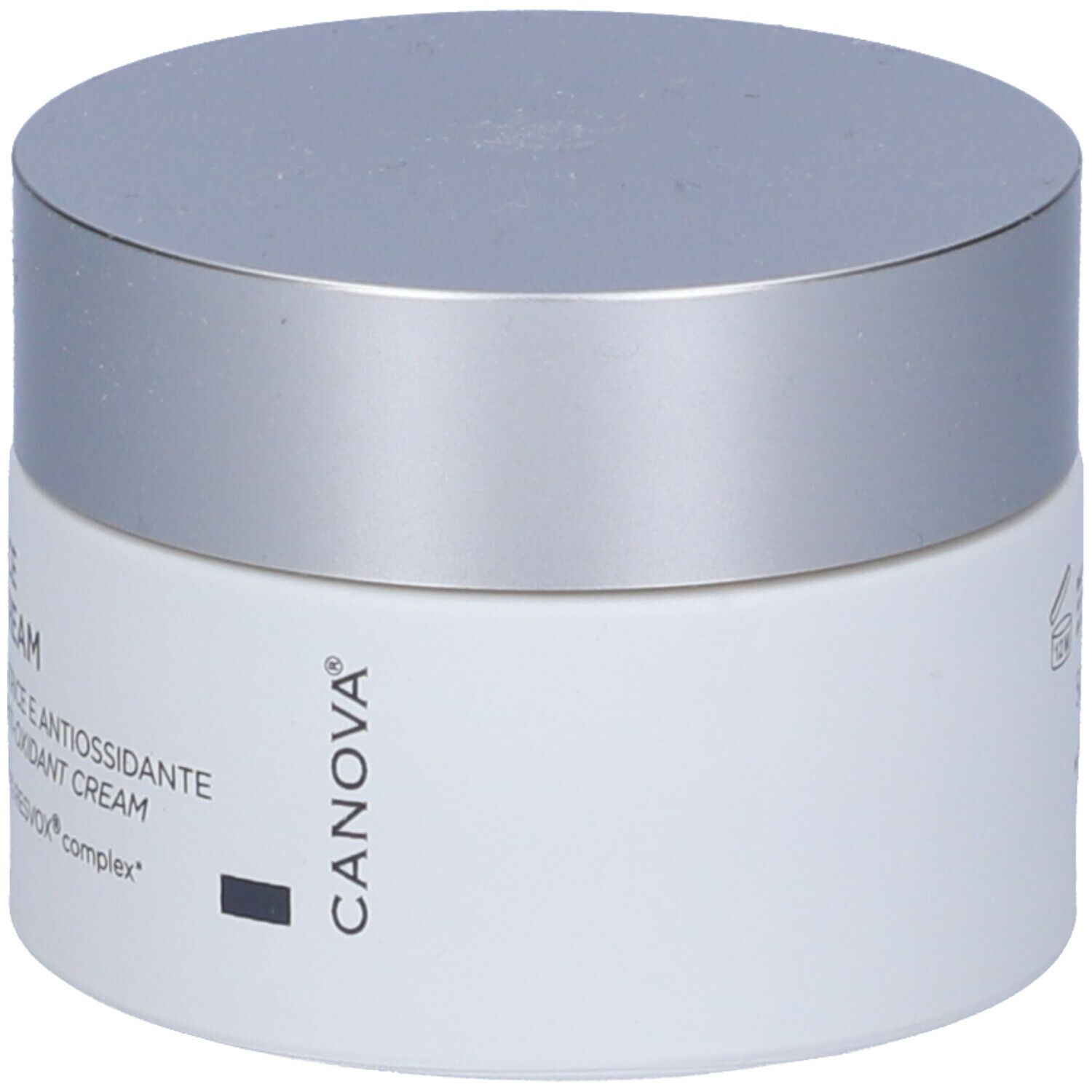 Cremetiegel mit silbernem Deckel. Aufschrift: CANOVA. Auf der Seite: RESURFACE OXBAN CREAM, Creme riparatrice e antiossidante.