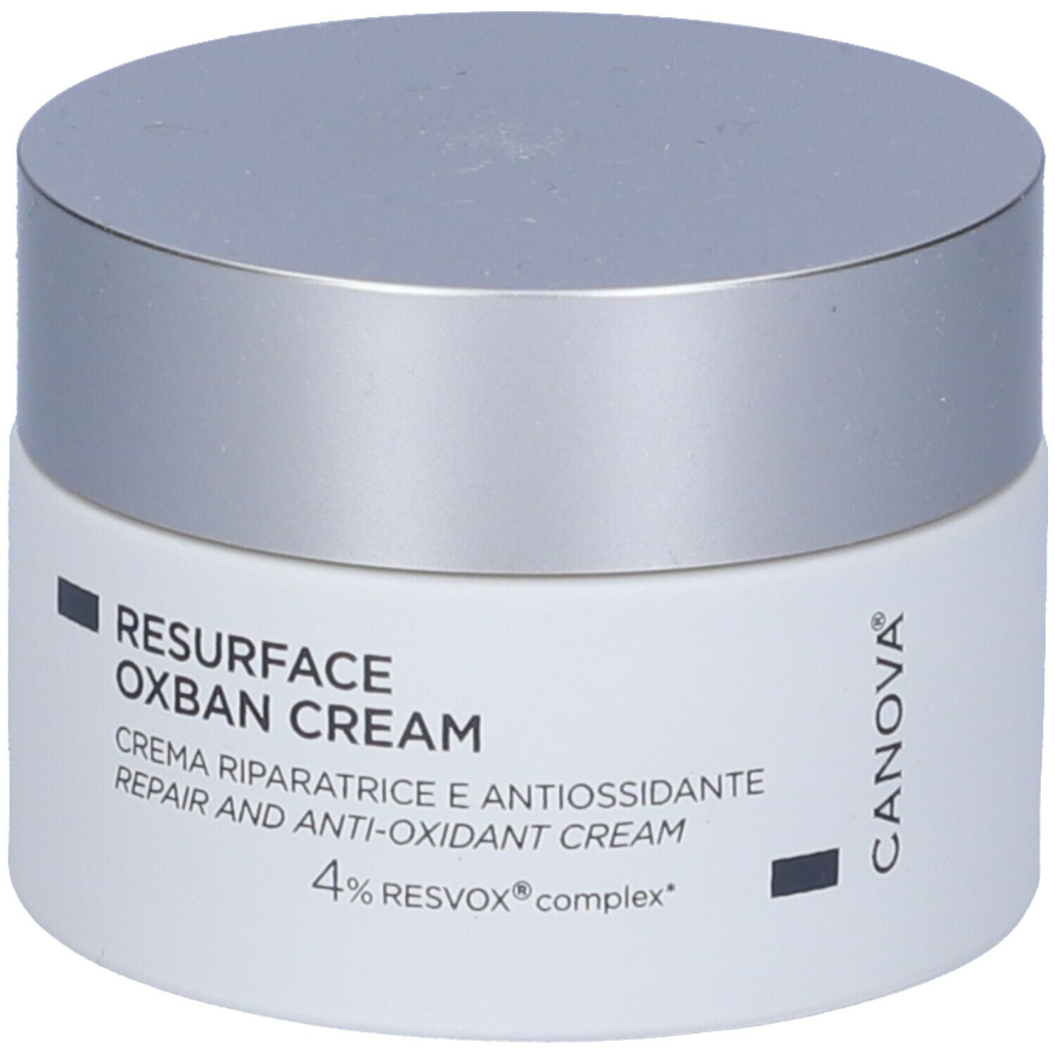 Cremetiegel mit silbernem Deckel. Aufschrift: RESURFACE OXBAN CREAM, Creme riparatrice e antiossidante, 4% RESVOX complex.