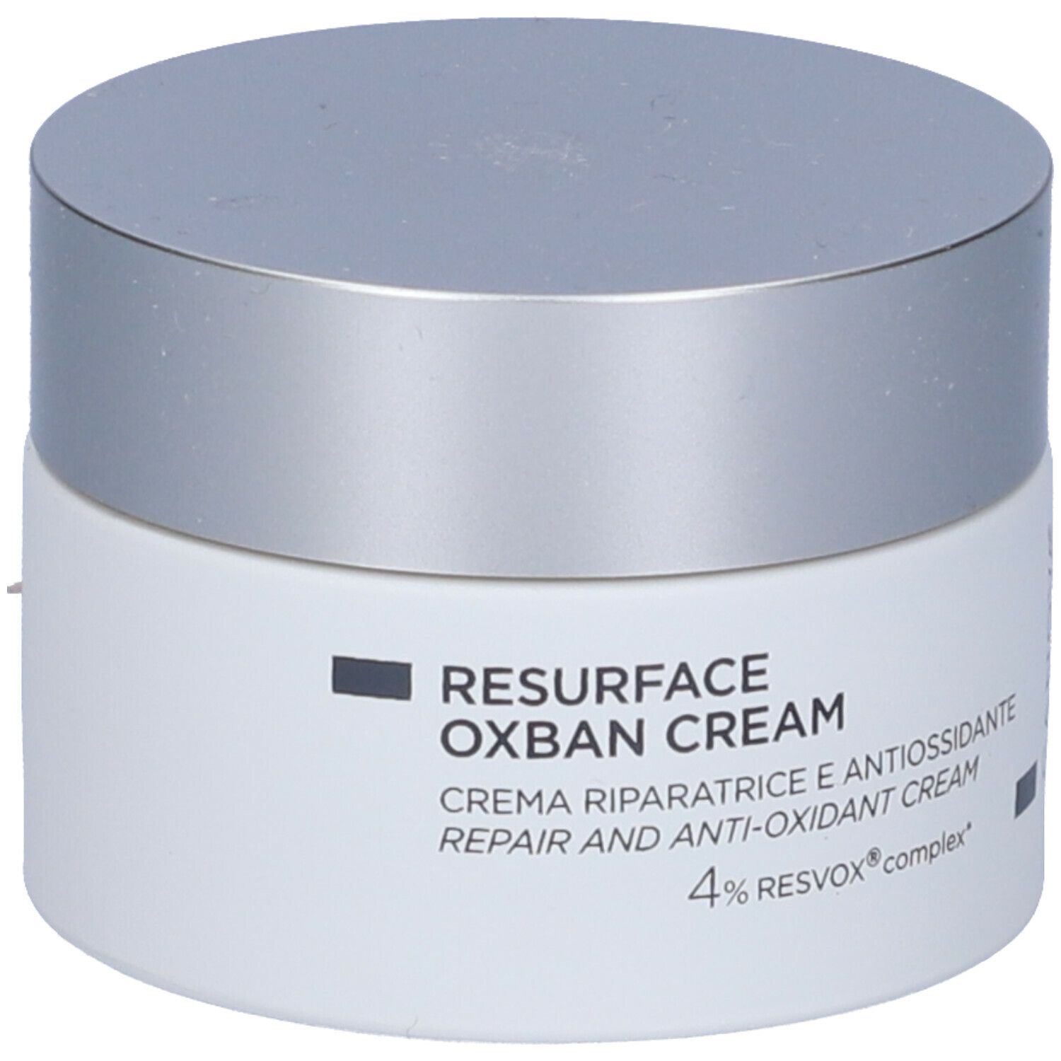 Cremetiegel mit silbernem Deckel. Aufschrift: RESURFACE OXBAN CREAM, Creme riparatrice e antiossidante, 4% RESVOX complex.