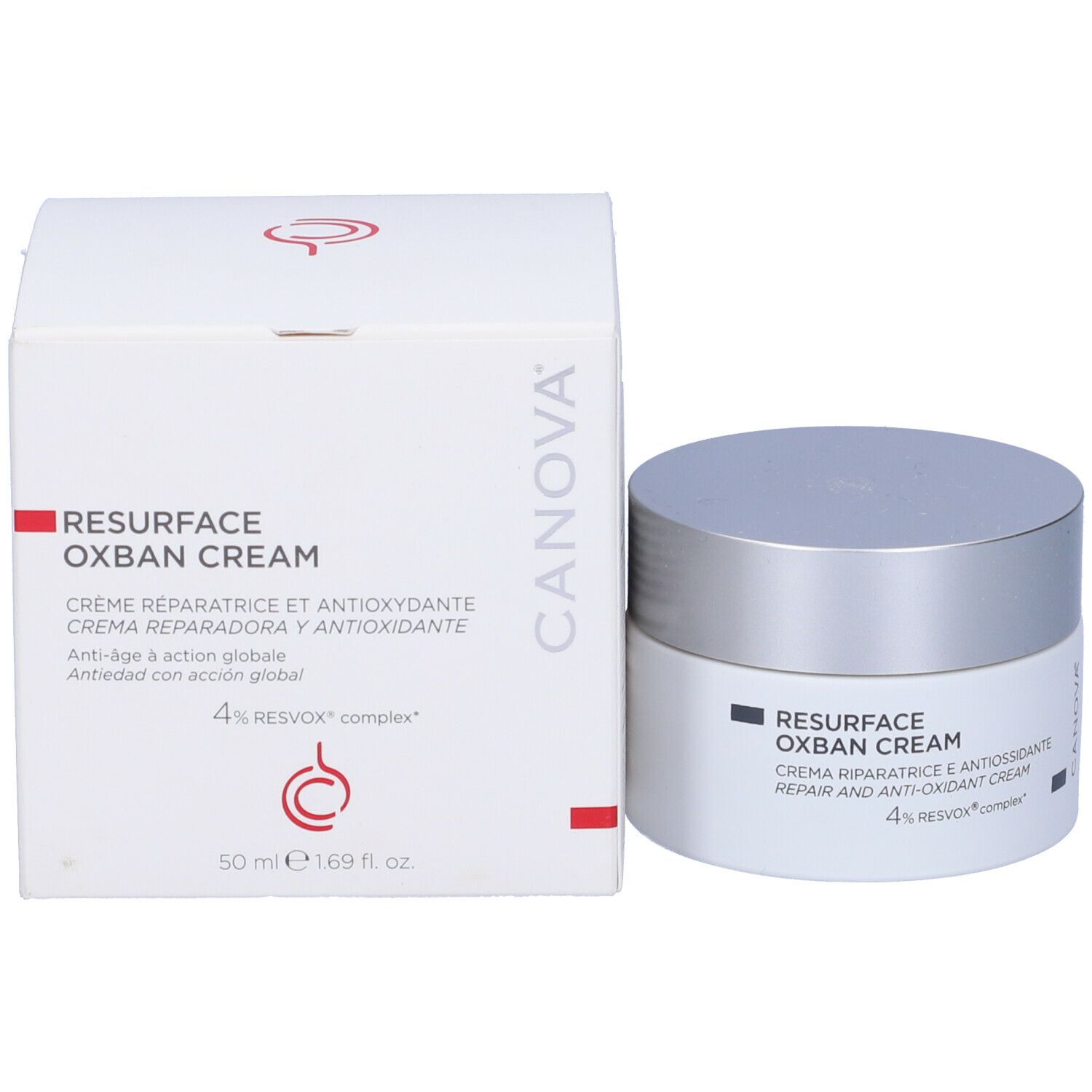 Cremetiegel und Schachtel. Auf der Schachtel: RESURFACE OXBAN CREAM, Creme réparatrice et antioxydante, 50 ml e 1.69 fl. oz.