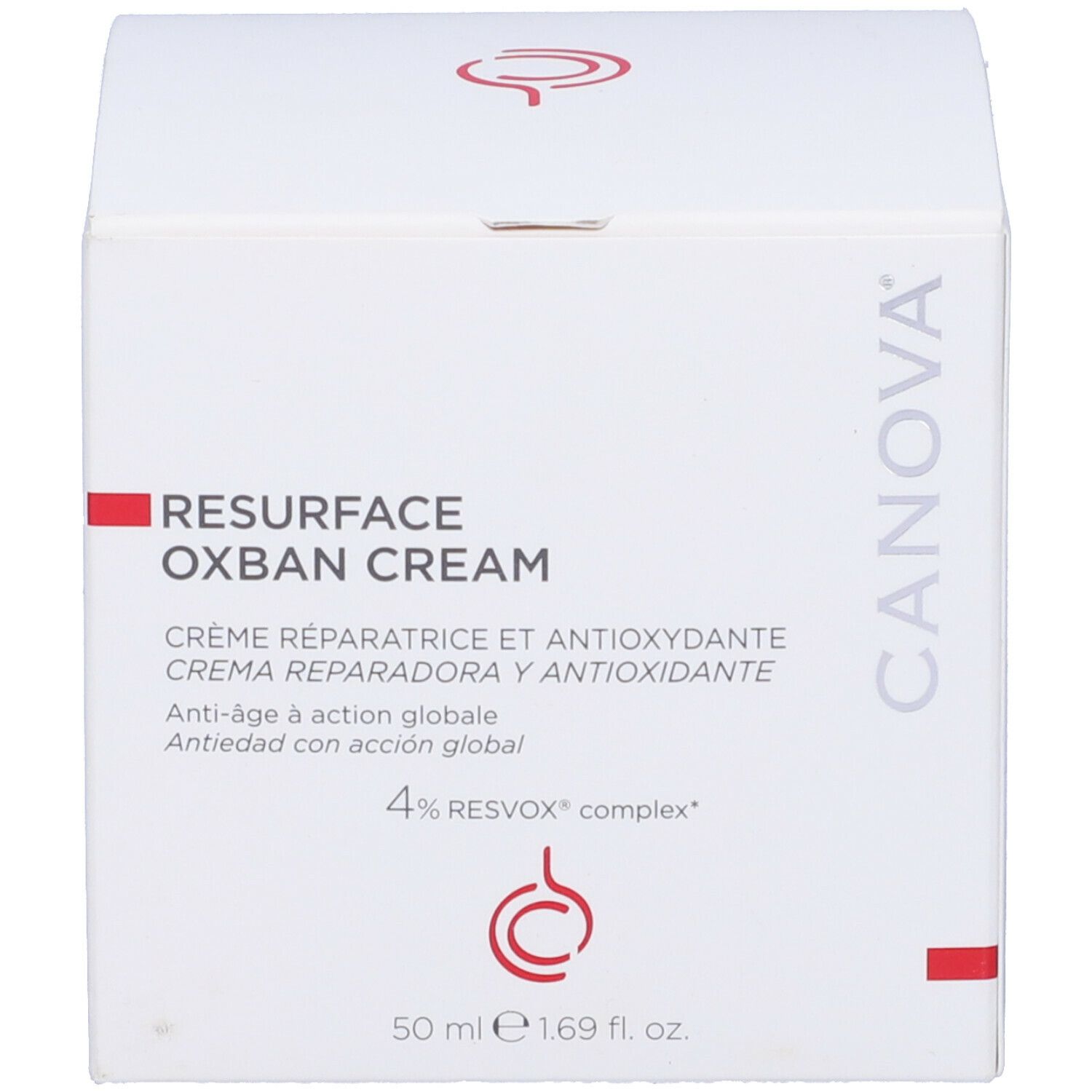 Weiße Schachtel mit Aufschrift: RESURFACE OXBAN CREAM, Creme réparatrice et antioxydante, 50 ml e 1.69 fl. oz.