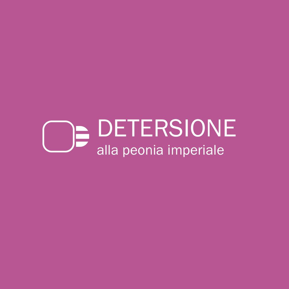 Text auf rosa Hintergrund: DETERSIO, alla peonia imperiale. Weißes Logo.