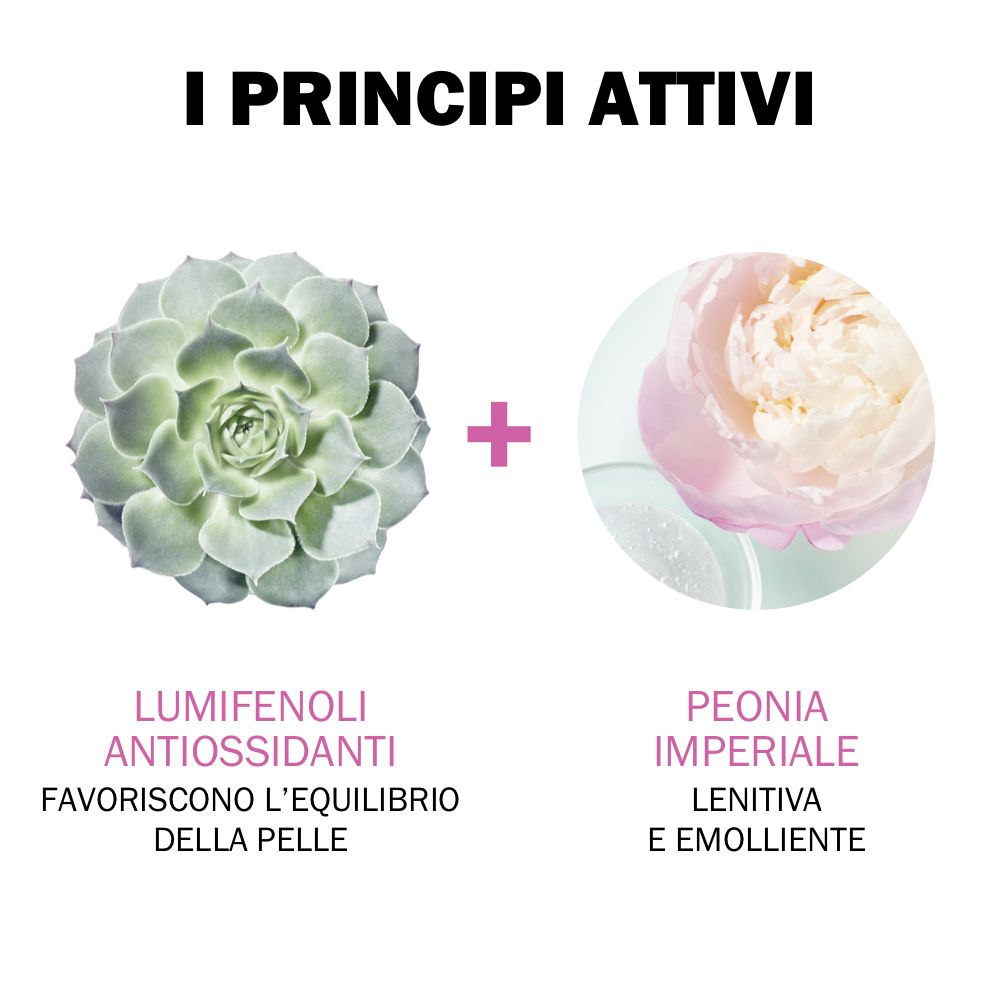 Illustrationen von Inhaltsstoffen: Lumifenole und Peonia imperiale. Text: I PRINCIPI ATTIVI.
