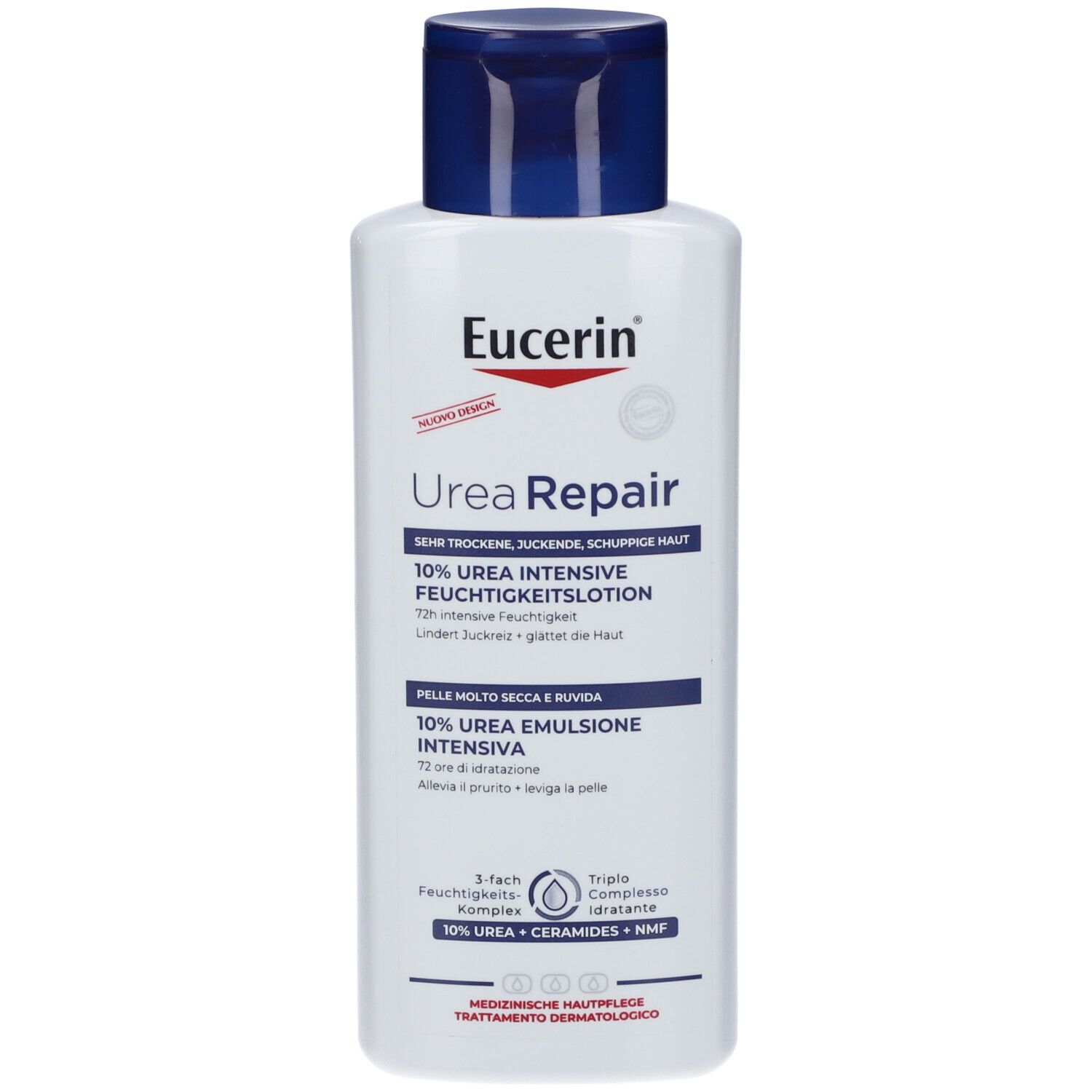 Weiße Flasche mit blauem Deckel. Aufschrift: Eucerin UreaRepair 10% Urea Feuchtigkeitslotion.
