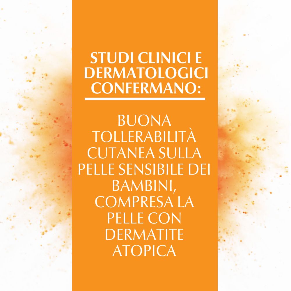 Texte sur fond orange. Texte : Studi clinici e dermatologici confermano: Buona tollerabilità cutanea sulla pelle sensibile dei bambini, compresa la pelle con dermatite atopica.