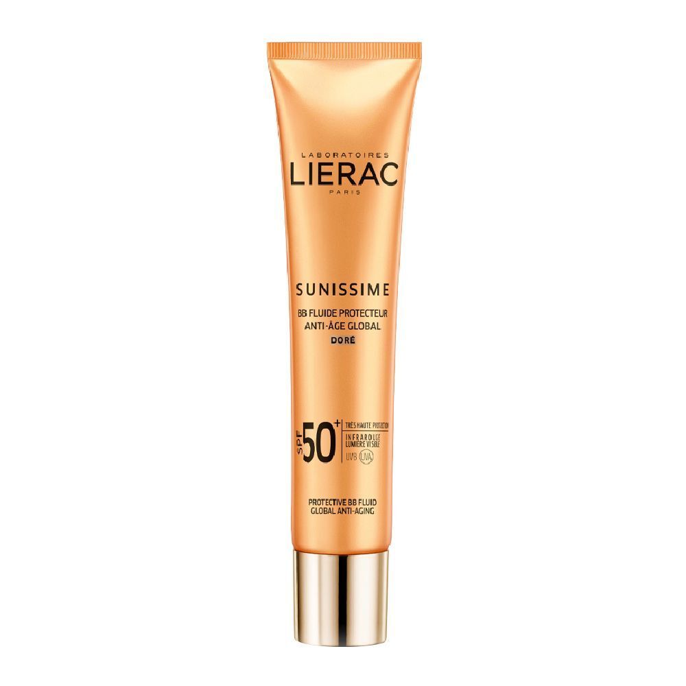 Tube beige doré. Inscriptions: LIERAC, SUNISSIME, SPF 50. Protection solaire.