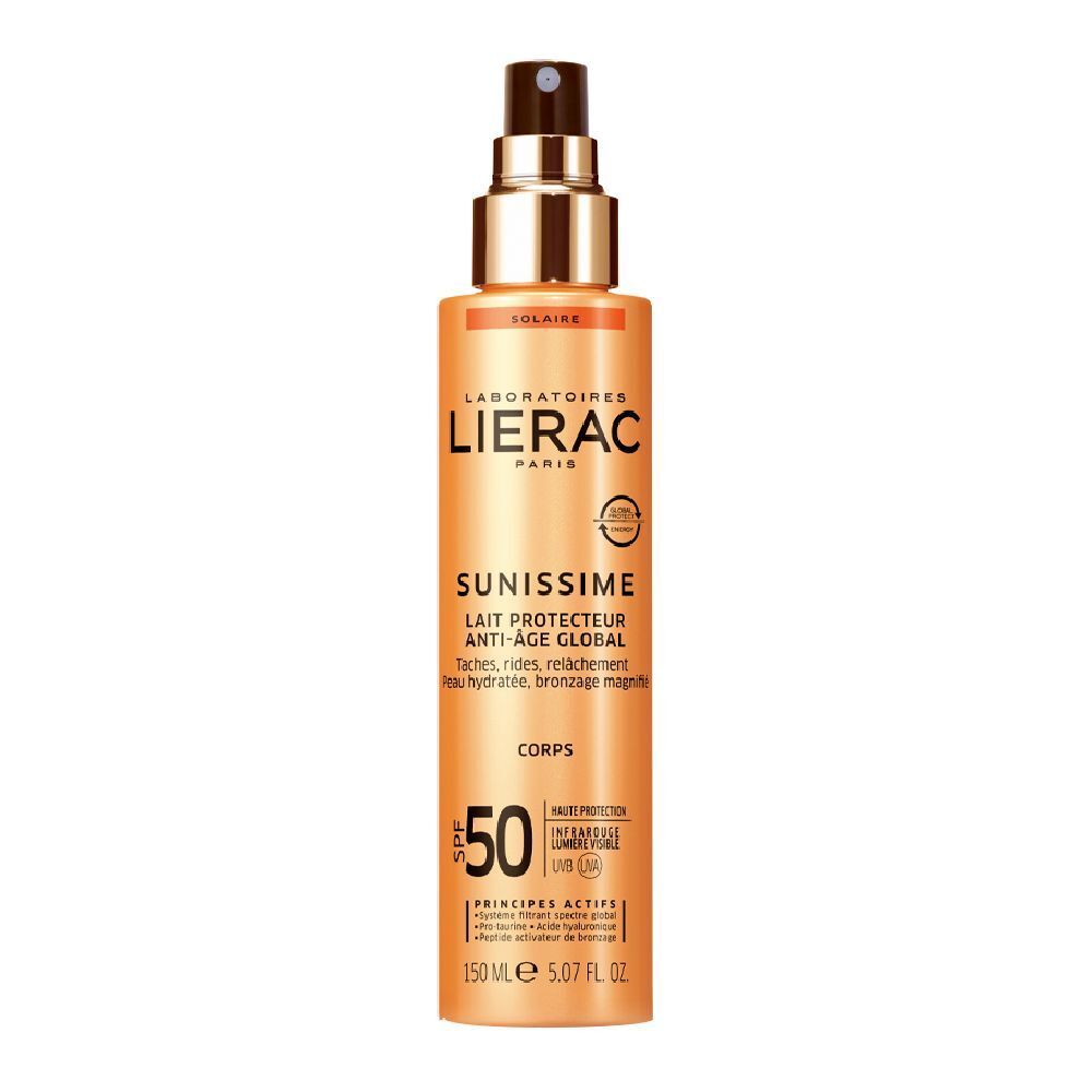 Lierac Sunissime Lait Protecteur Anti-Âge Global LSF 50. Flacon orange avec vaporisateur. Inscription: Sunissime, Corps.