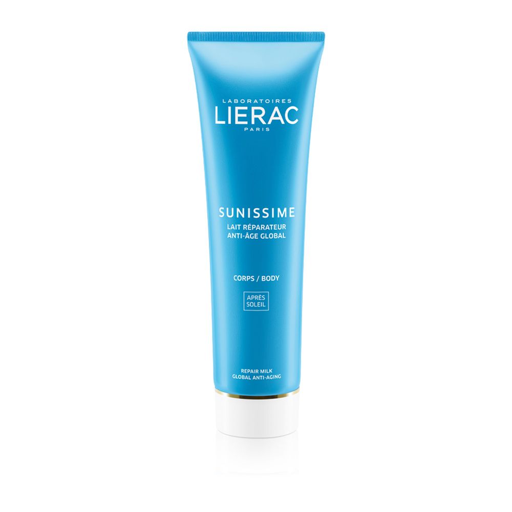 Blau-weiße Tube LIERAC SUNISSIME. Text: Lait Réparateur Anti-Age Global. Für Körper. Après Soleil.