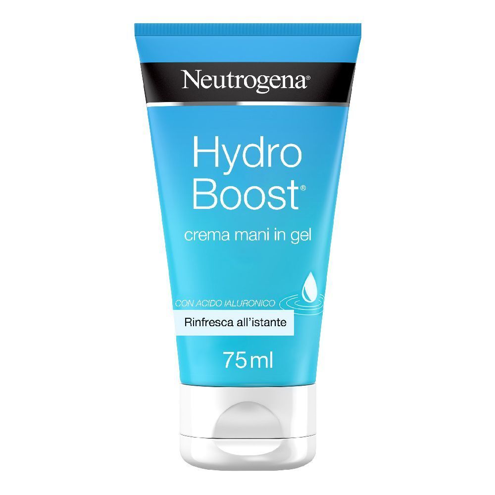Tube de crème pour les mains Neutrogena Hydro Boost. Bleu, bouchon blanc. Logo et texte.