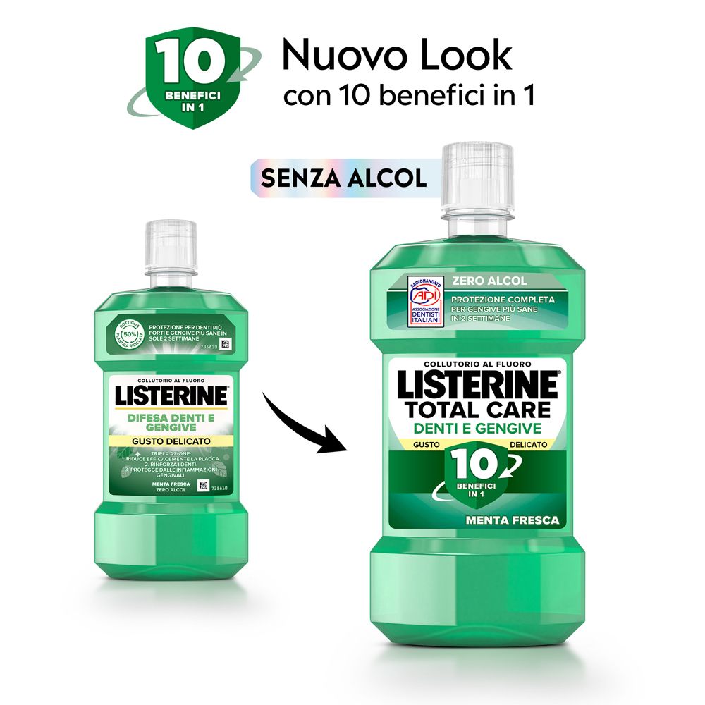 LISTERINE® Mundspülung, grüne Flasche. Aufschrift: 10 Benefici in 1. Vergleich mit alter Flasche.