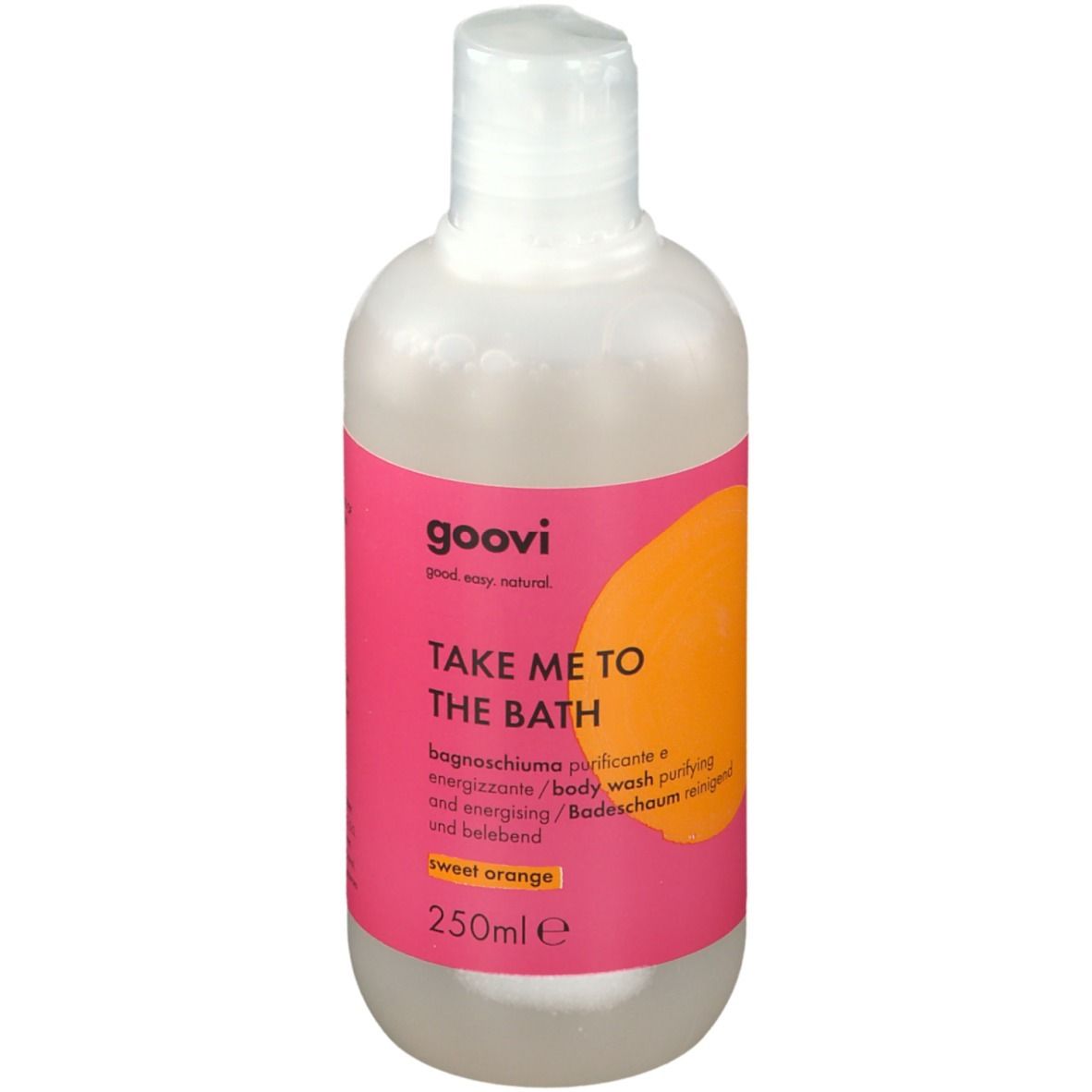 Gel douche Goovi Take Me To The Bath. Bouteille avec bouchon blanc et étiquette rose. Texte : Take Me To The Bath, Sweet Orange, 250ml.